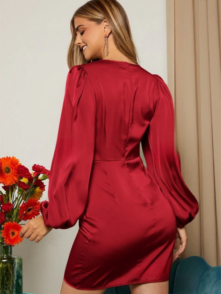 Cross V-neck Satin Long Sleeve Dress - Image 5