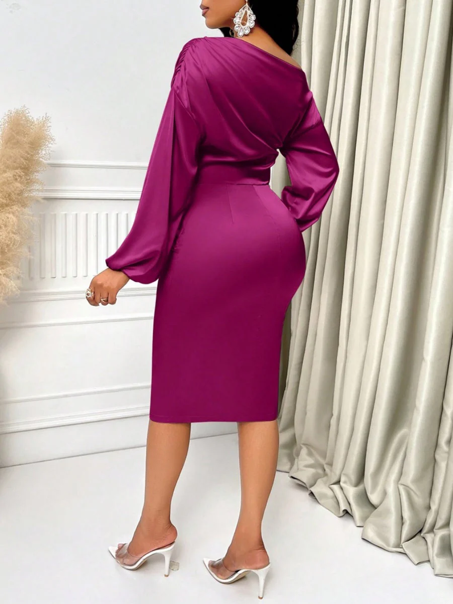 Long Sleeve Sloping Shoulders Pleated Solid Color Satin Maxi Dresses - Image 14