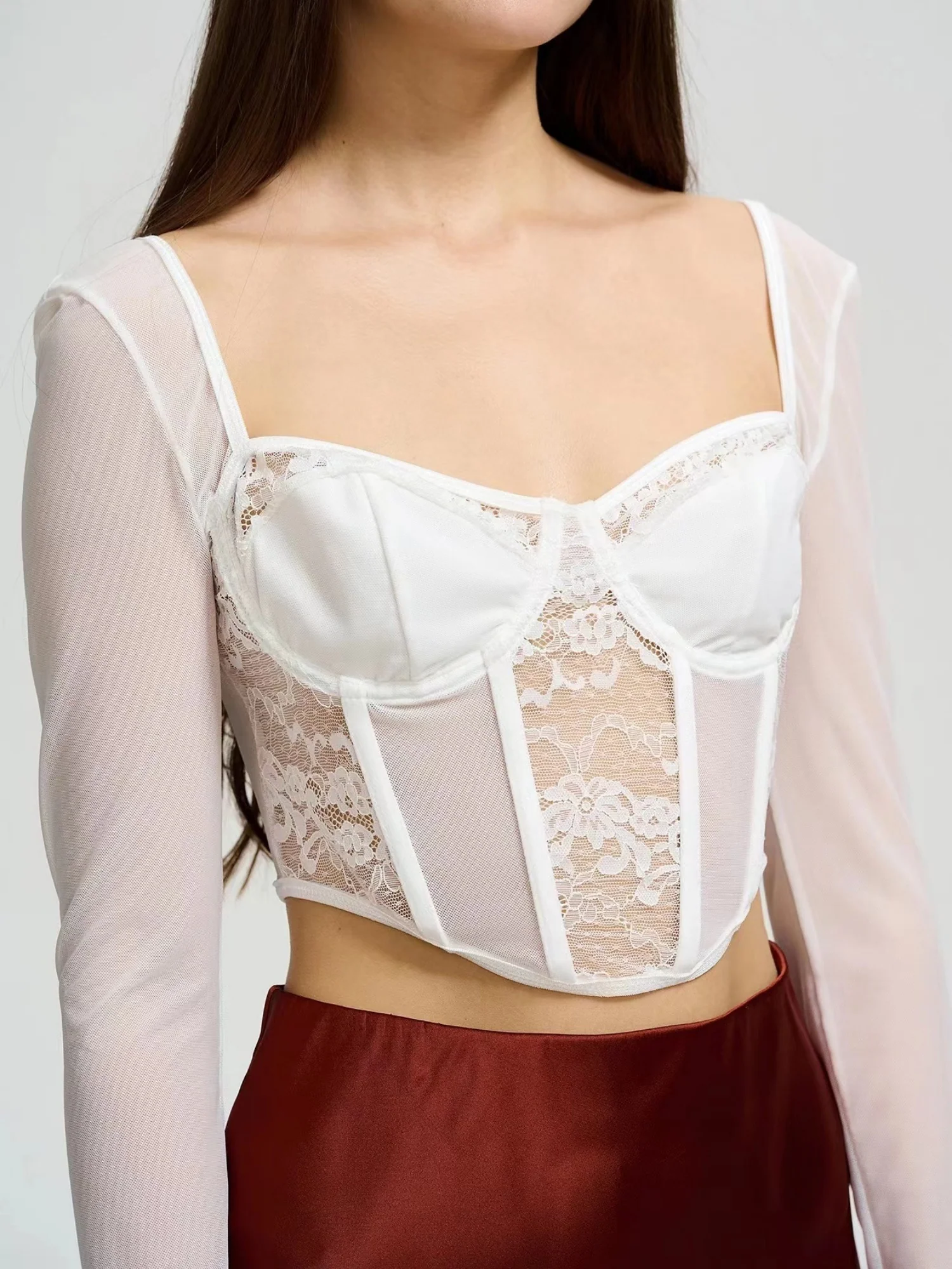 Lace See-through Herringbone Collar Spliced Long Sleeve Tops - Image 3