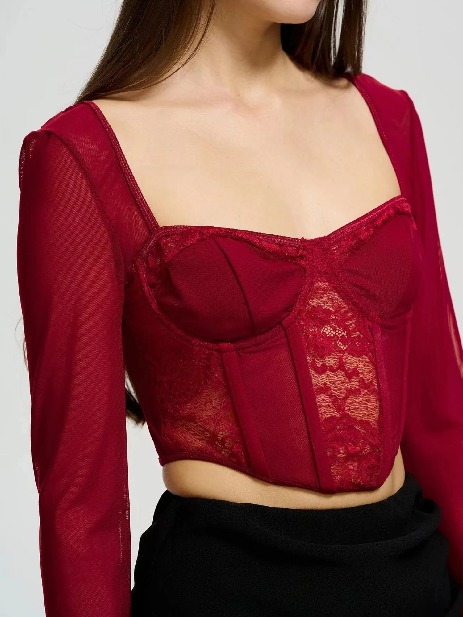Lace See-through Herringbone Collar Spliced Long Sleeve Tops - Image 8