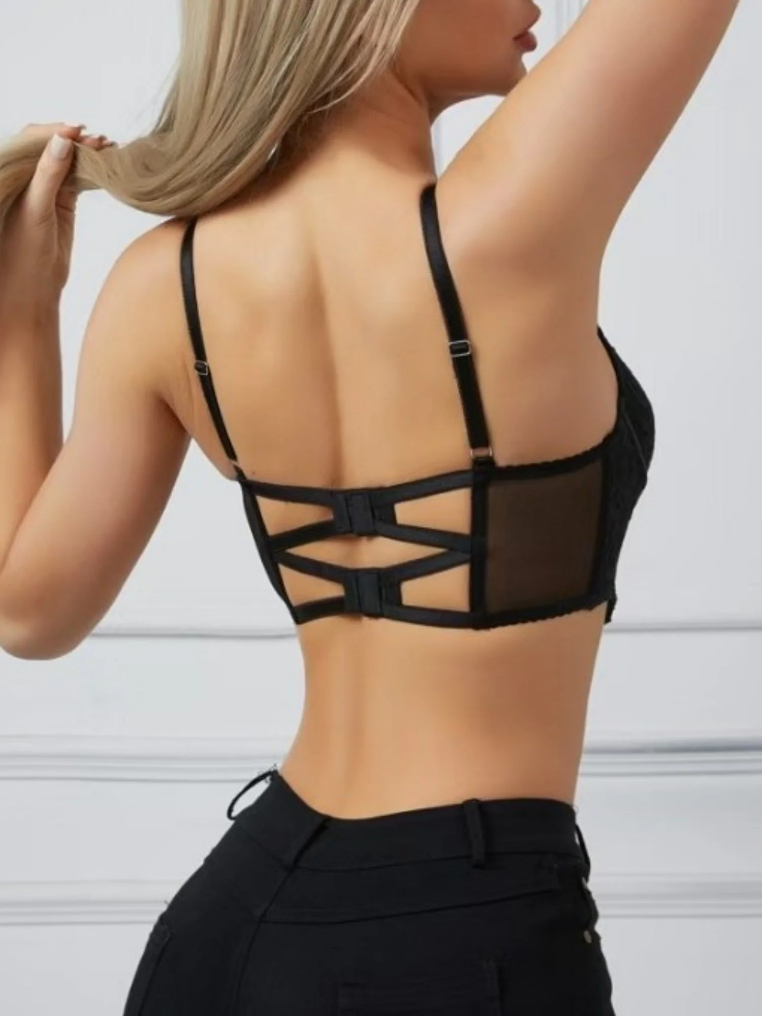 Lace Trim Embroidered Fishbone Strappy Backless Strapless Vest - Image 2