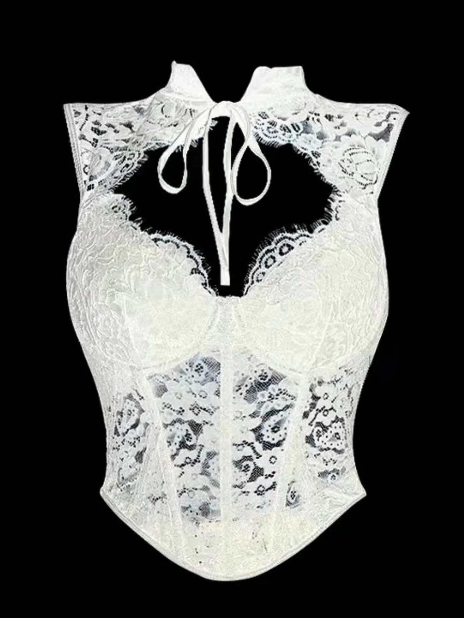 Lace Patchwork Hollow Out Neck Strap Waist-cinching Fishbone Tank Tops&Camis - Image 5