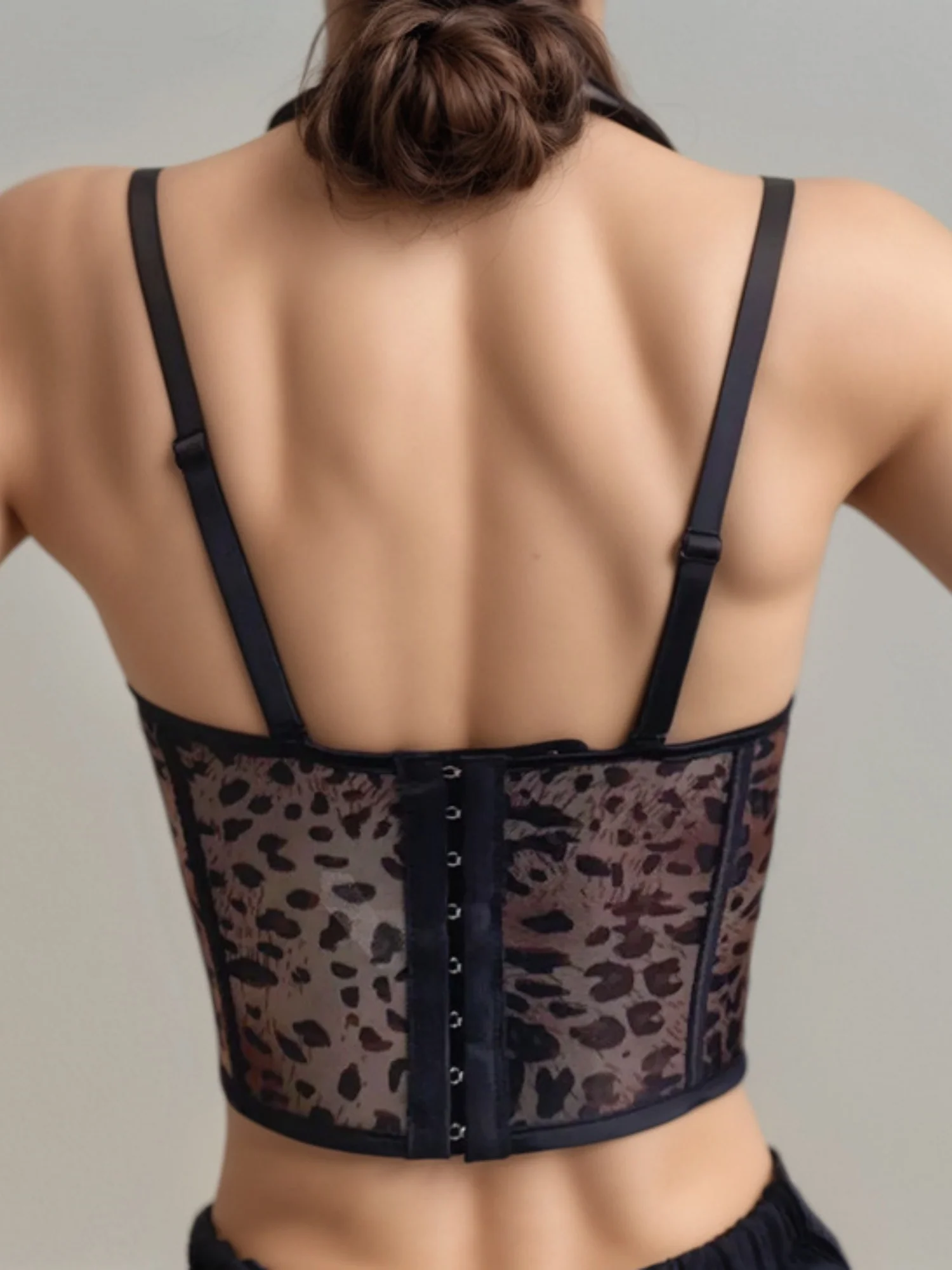 Leopard Print Mesh Splicing Perspective Fish Bones Tank Tops&Camis - Image 2