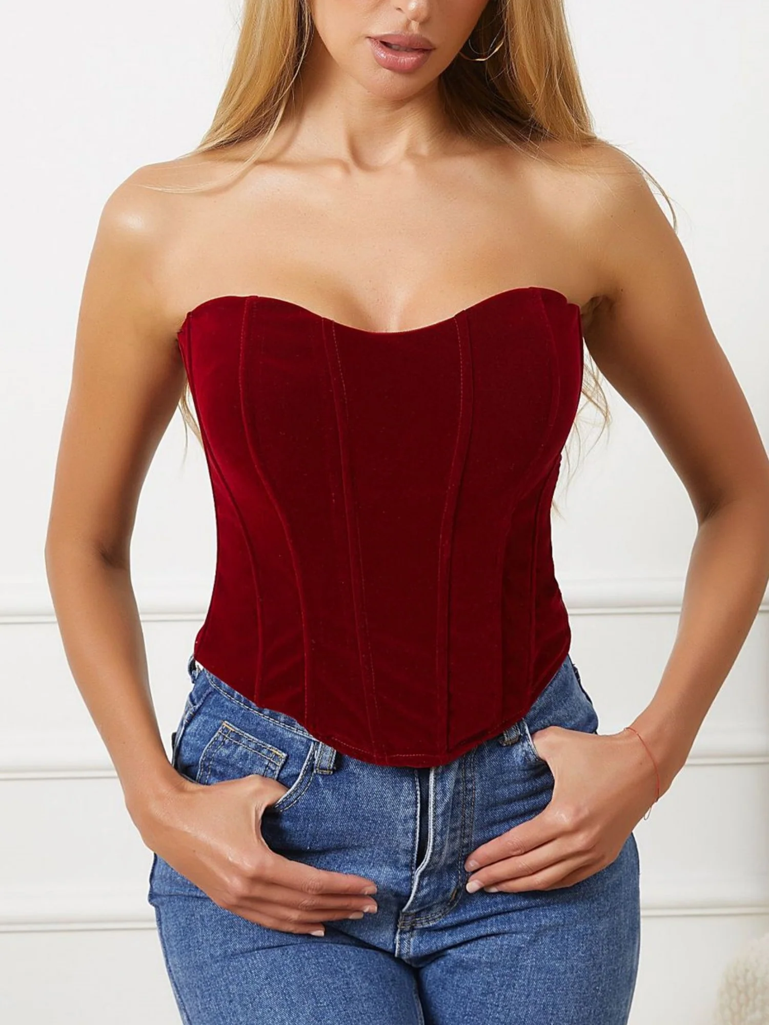 Velvet Waist-cinching And Backless With Breast Pads Fishbone Corset
