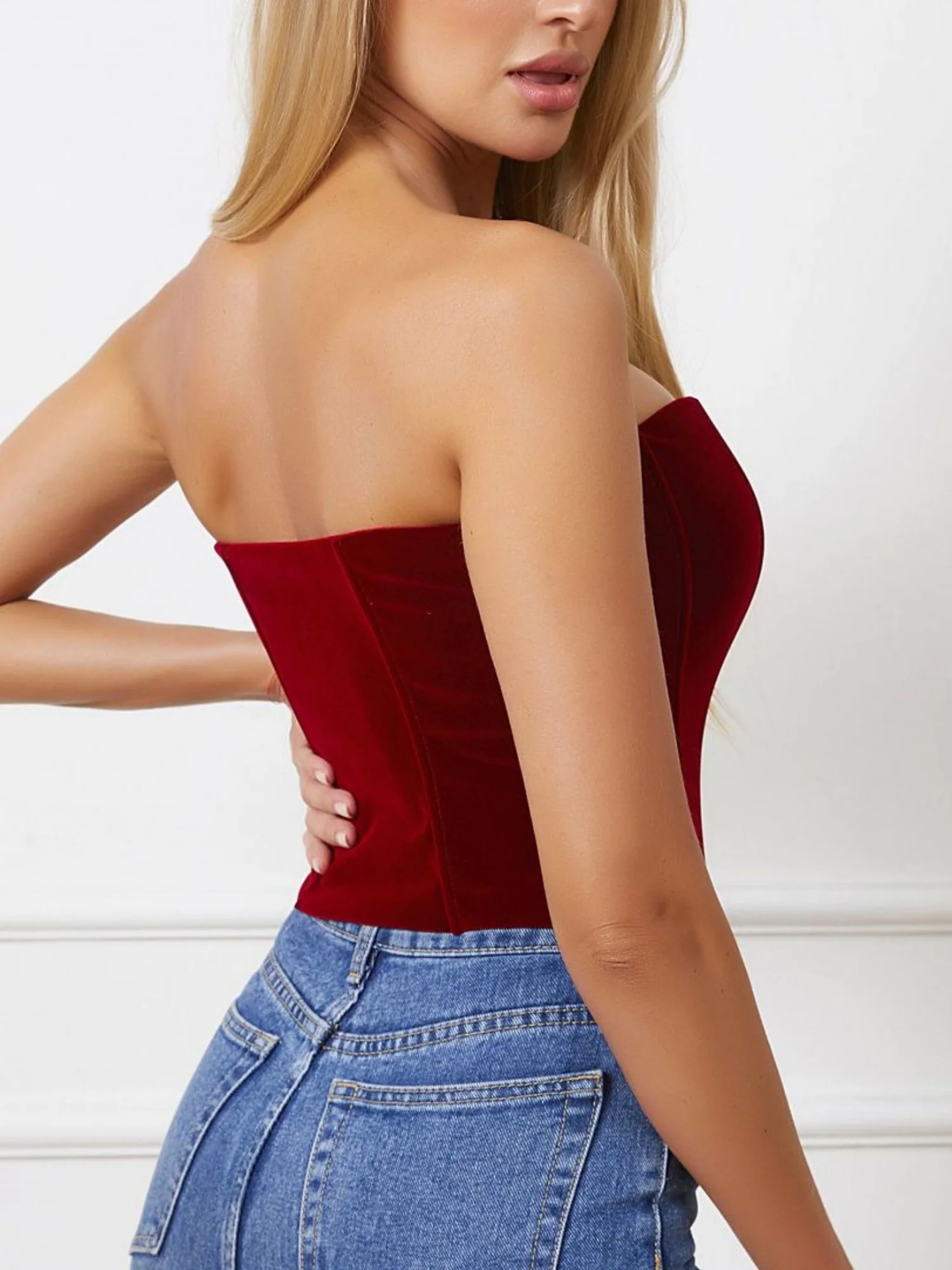 Velvet Waist-cinching And Backless With Breast Pads Fishbone Corset - Image 4
