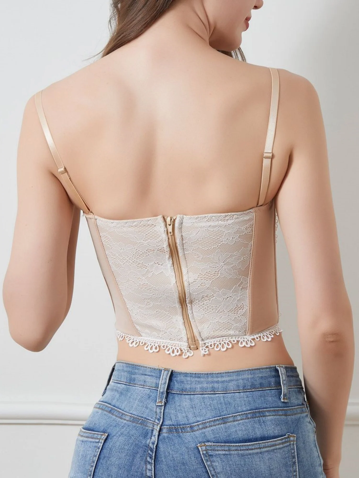 Lace Mesh Patchwork Bow Tie Fishbone Bustier With Breast Pads Tank Tops&Camis - Image 2