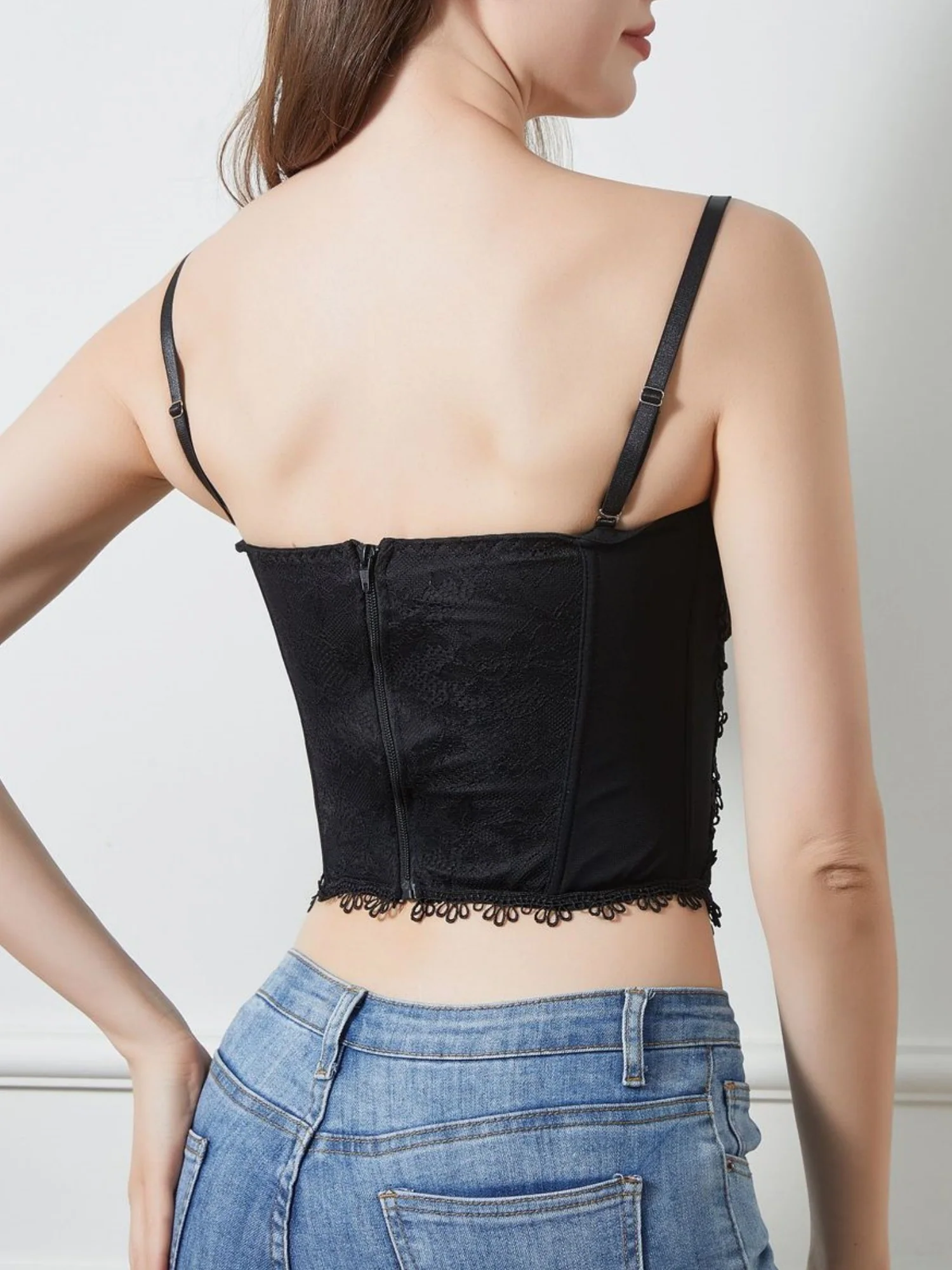 Lace Mesh Patchwork Bow Tie Fishbone Bustier With Breast Pads Tank Tops&Camis - Image 6