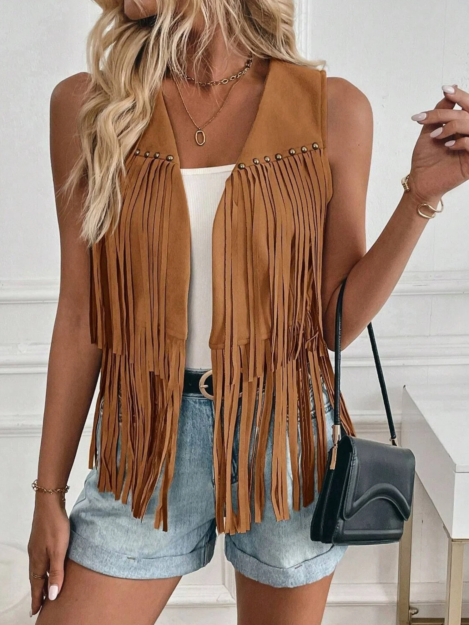 Imitation Suede Tassel Studs Sleeveless Vests - Image 4