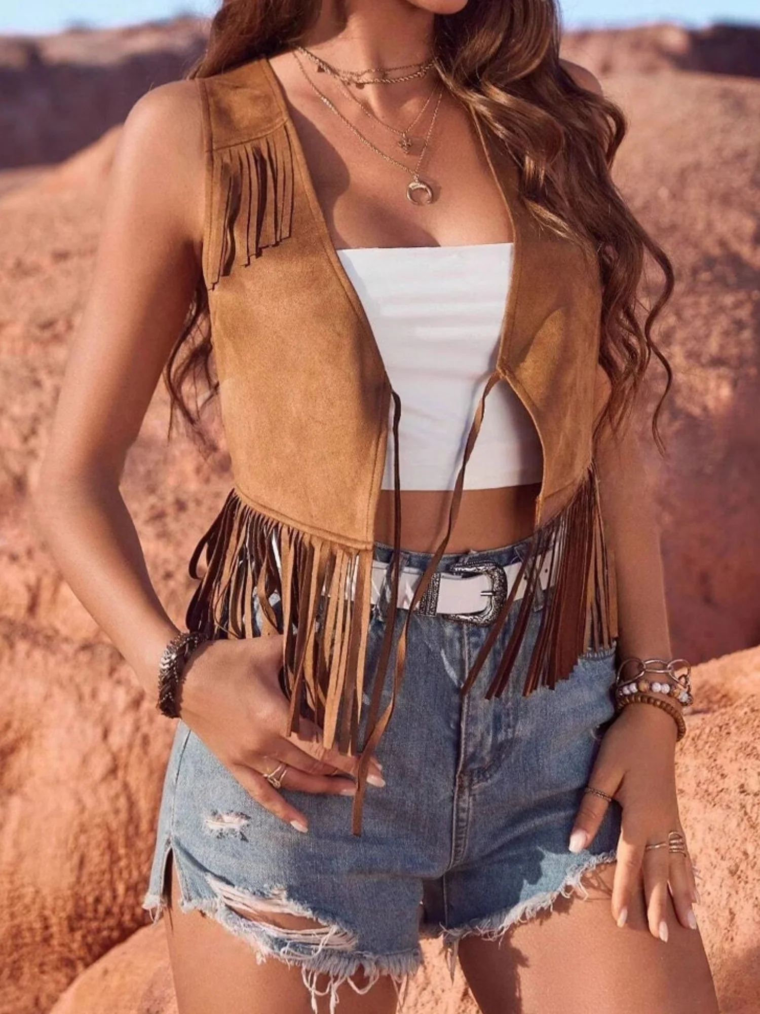 Imitation Suede Tassel Lace Up Sleeveless Vests - Image 4