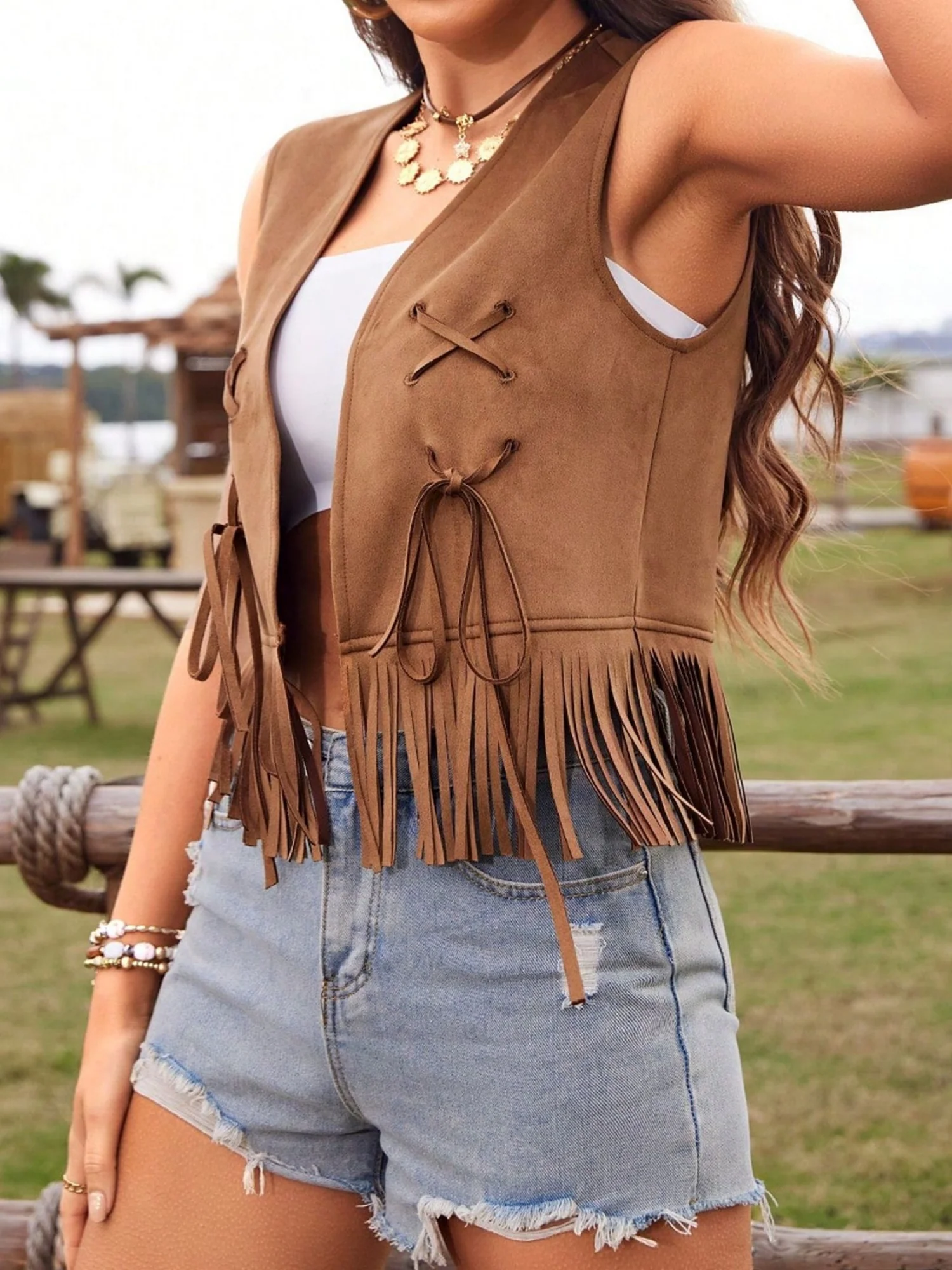 Imitation Suede Tassel Straps Sleeveless Vests - Image 4