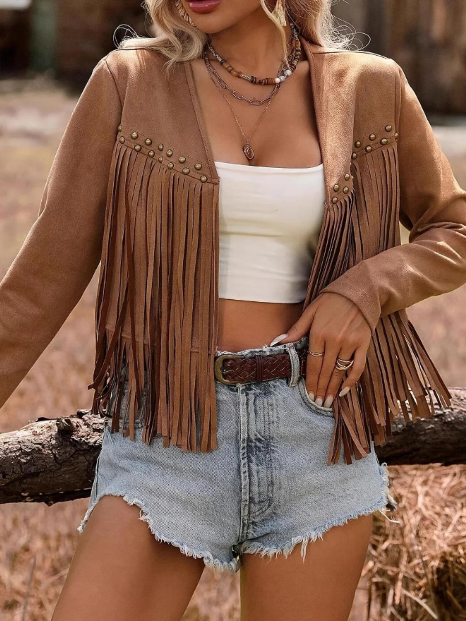 Imitation Suede Tassel Studs Long Sleeves Jackets - Image 3