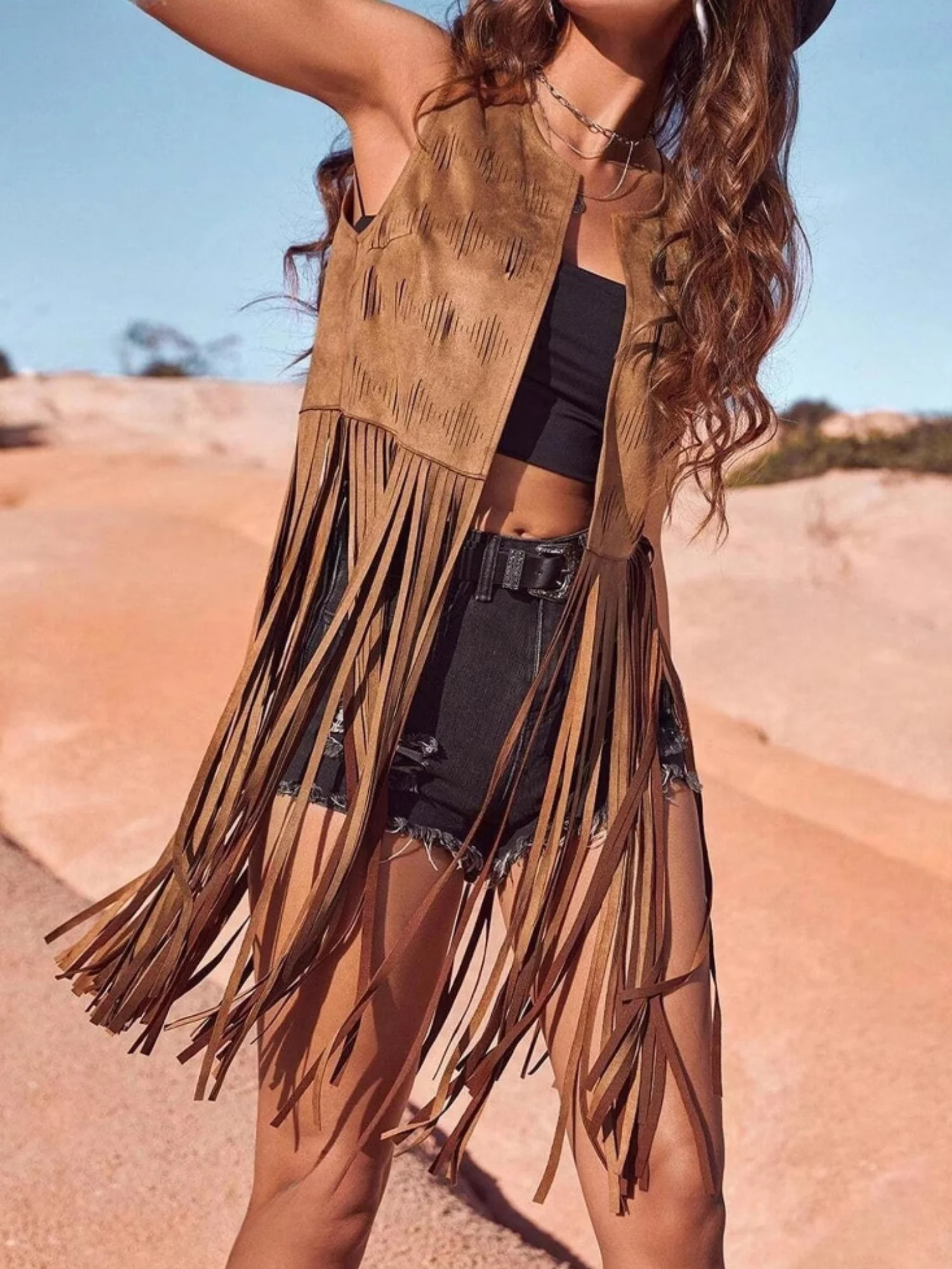 Imitation Suede Tassel Sleeveless Vests - Image 4