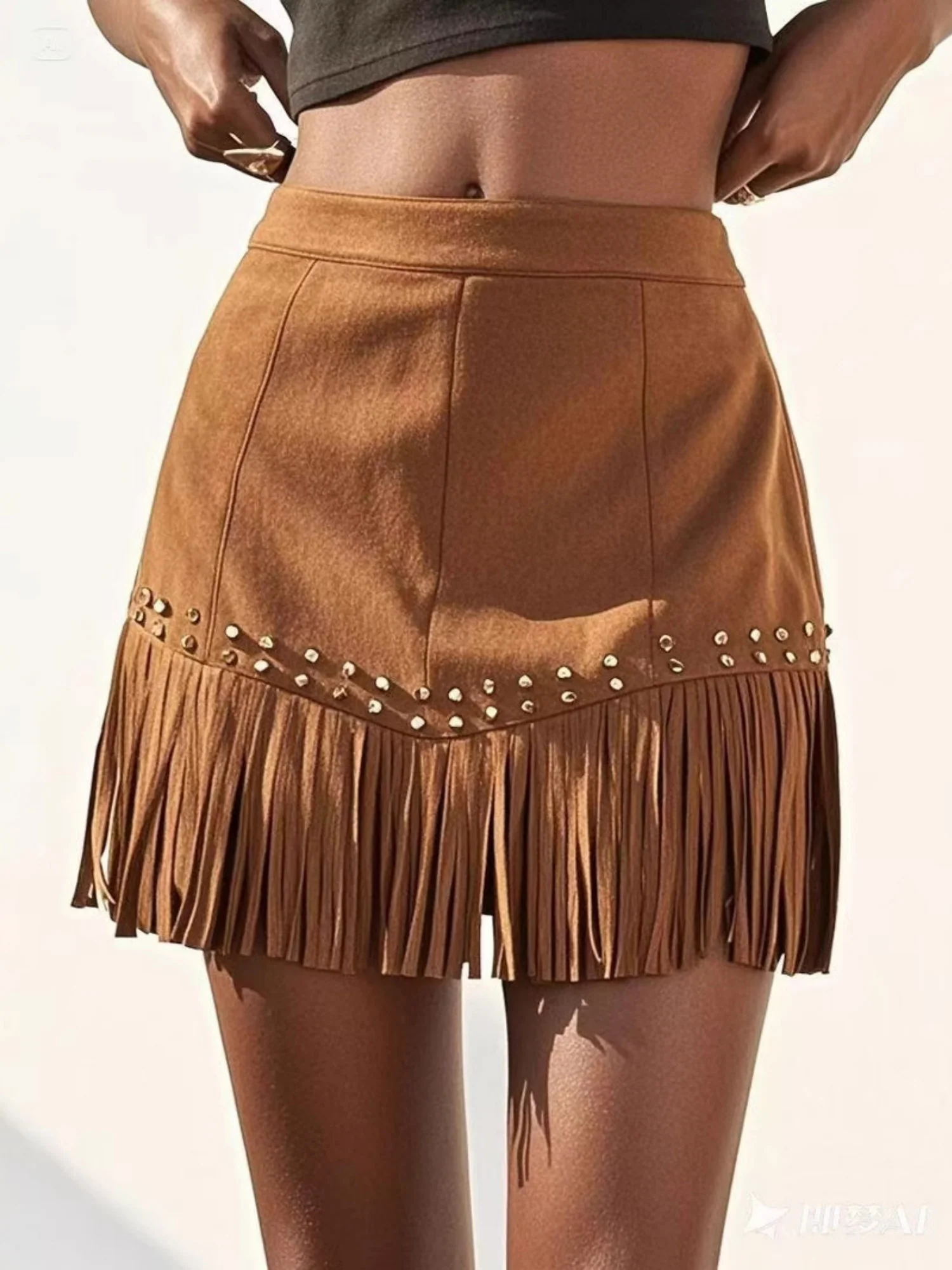 Imitation Suede Tassel Hem Studs Cropped Skirts - Image 3