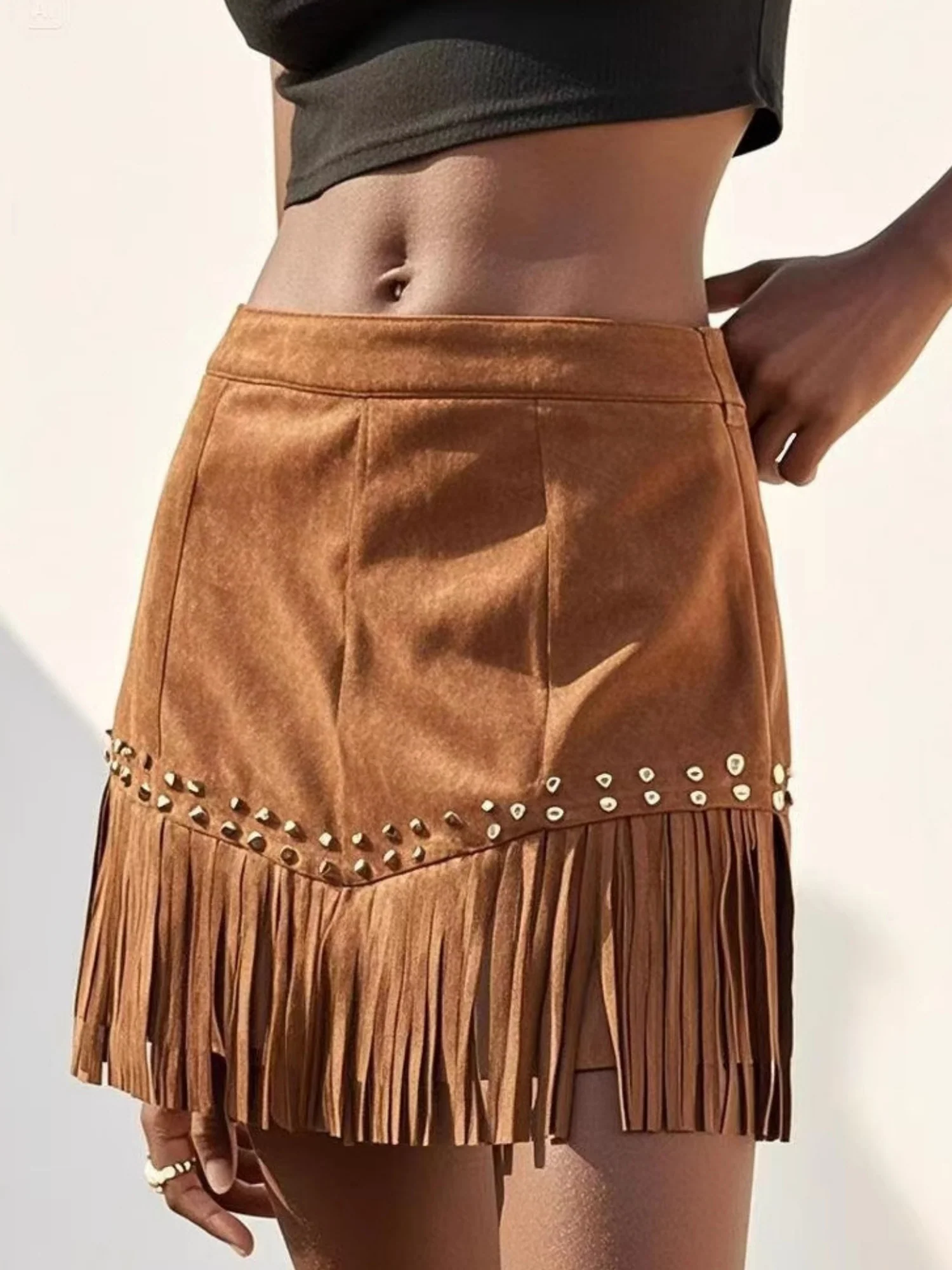 Imitation Suede Tassel Hem Studs Cropped Skirts - Image 4