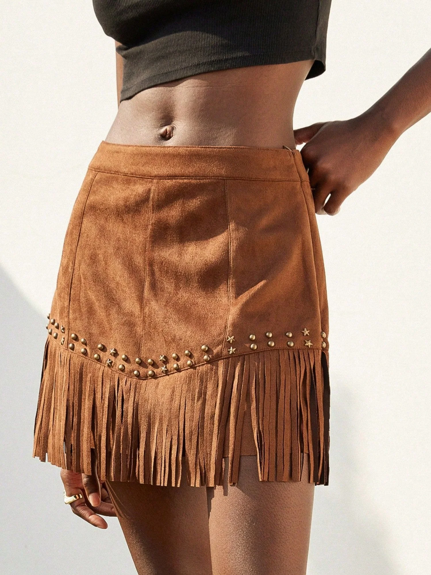 Imitation Suede Tassel Hem Studs Cropped Skirts - Image 5