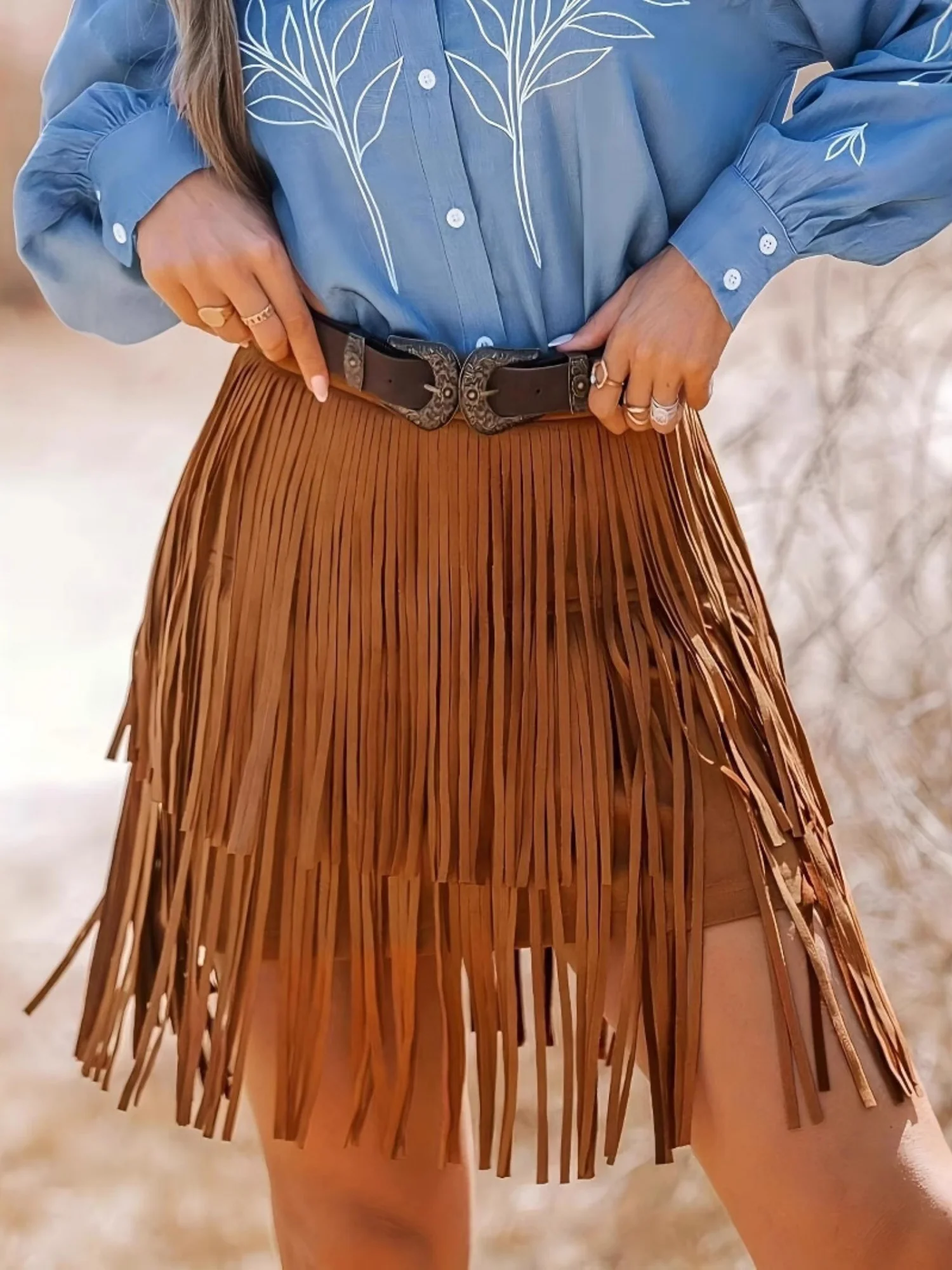 Imitation Suede Tassel Hem Cropped Skirts - Image 3