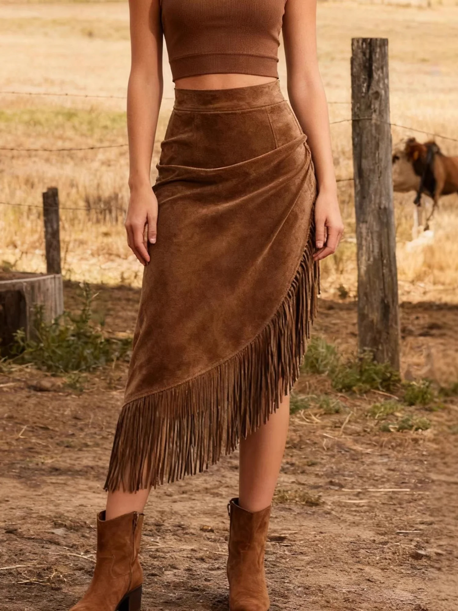 Imitation Suede Tassel Hem Irregular Mid-length Skirts - Image 3
