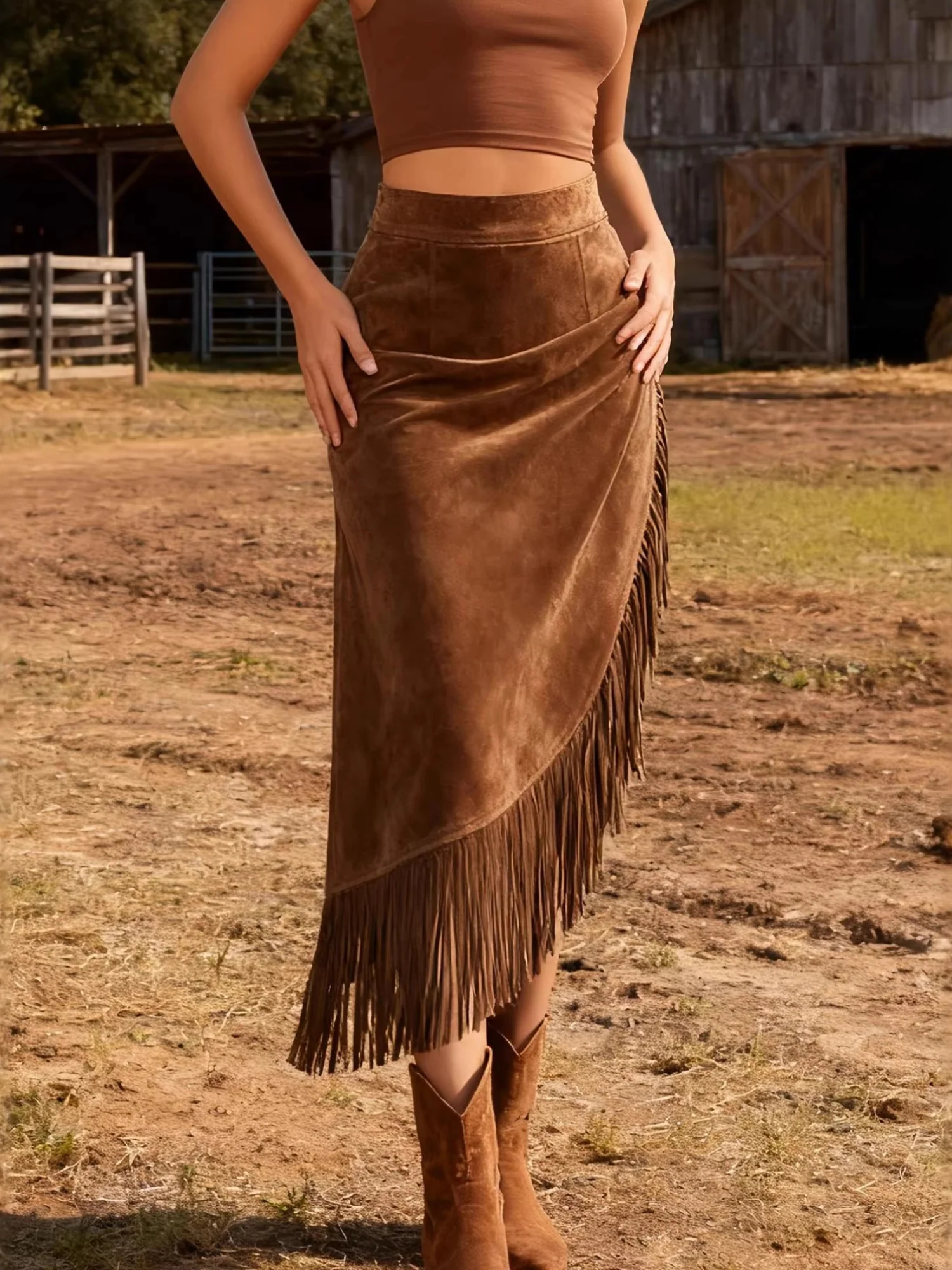 Imitation Suede Tassel Hem Irregular Mid-length Skirts - Image 4