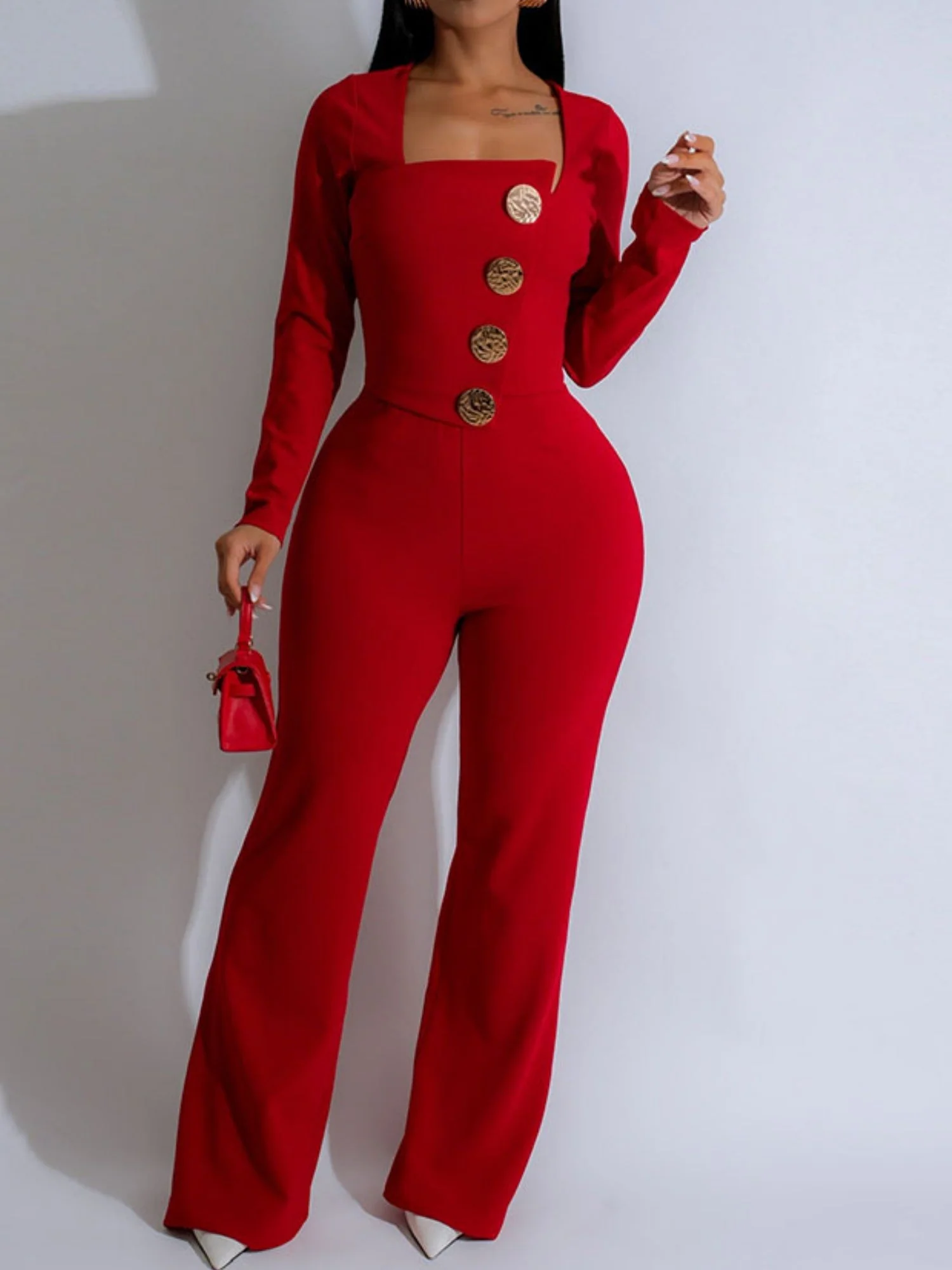 Metal Buttons U-neck Long Sleeve Jumpsuits - Image 5