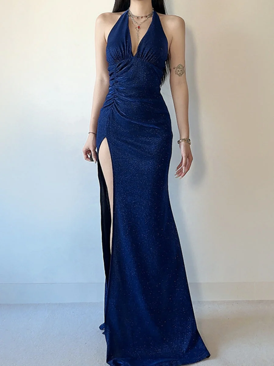 Halter Neck Backless V-neck Fine Flash Waist Corset Pleats Slit Dinner Party Long Dress - Image 3