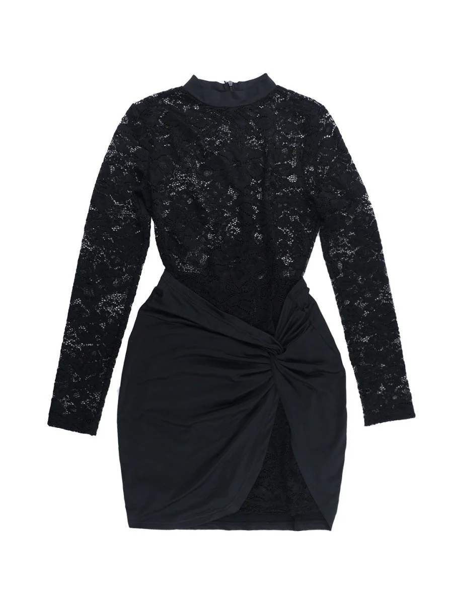 Lace Crew Neck Long Sleeve Ribbon Slim Fit Hip-hugging Mini&Short Dresses - Image 6
