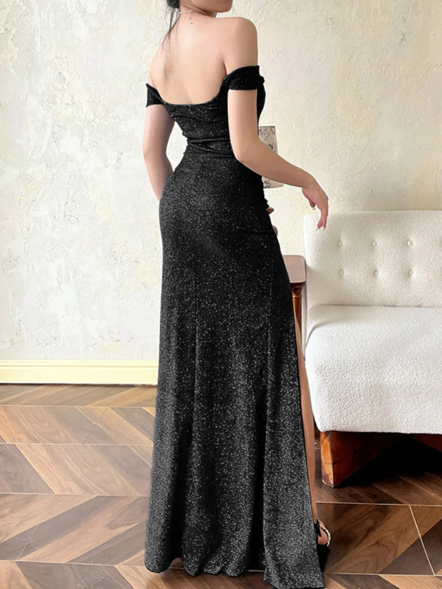 Fine Flash Off Shoulder Slit Wedding Bridesmaid Maxi Dresses - Image 6