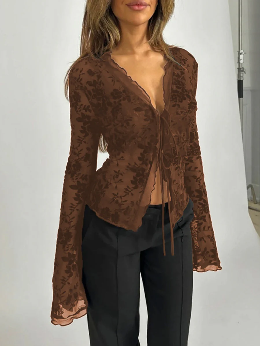 Deep V-neck Chiffon Burning Flowers Long Sleeve Designer Shirt - Image 10