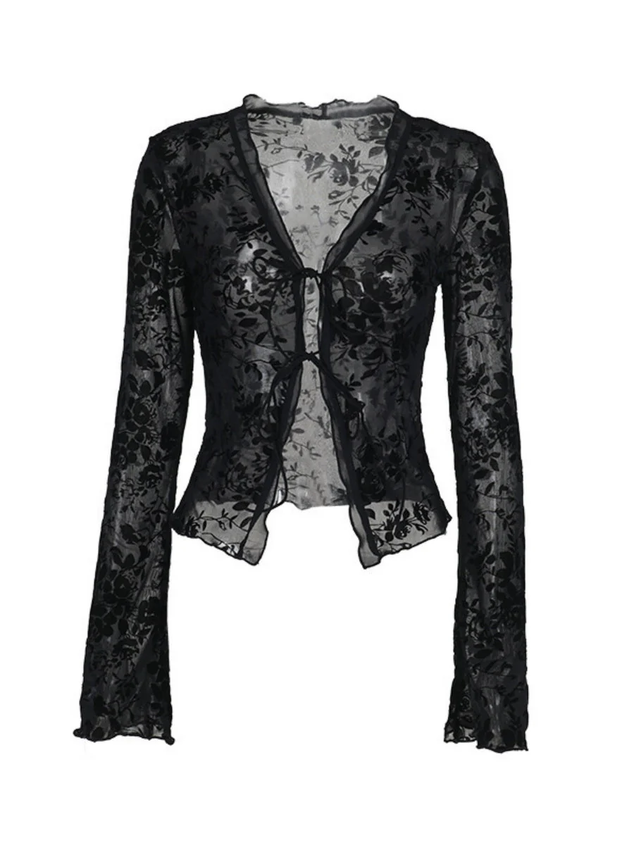 Deep V-neck Chiffon Burning Flowers Long Sleeve Designer Shirt - Image 6