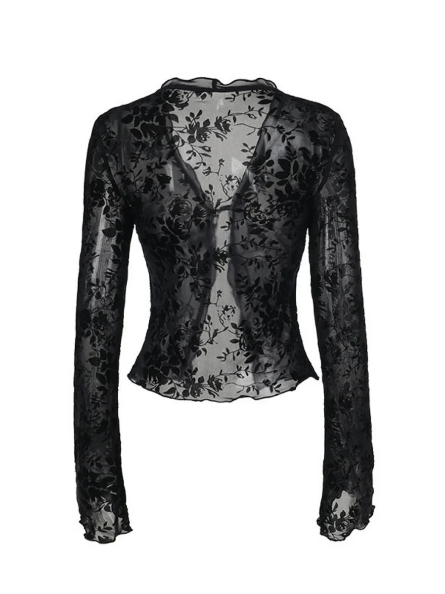 Deep V-neck Chiffon Burning Flowers Long Sleeve Designer Shirt - Image 7