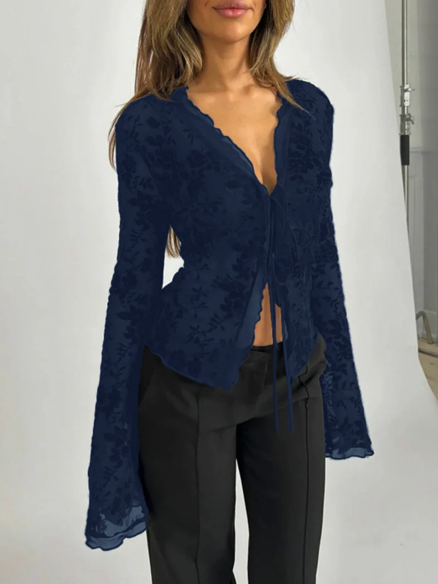 Deep V-neck Chiffon Burning Flowers Long Sleeve Designer Shirt - Image 8