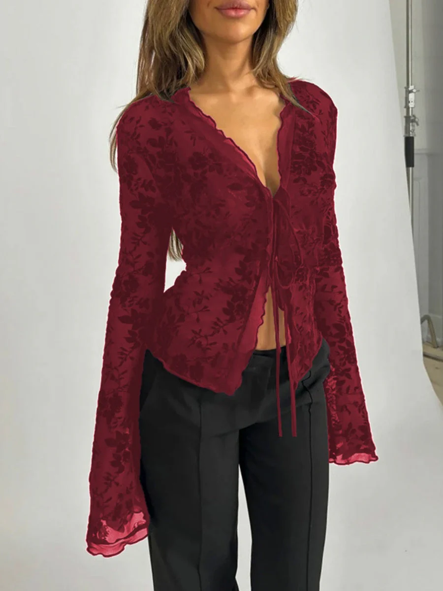 Deep V-neck Chiffon Burning Flowers Long Sleeve Designer Shirt - Image 9