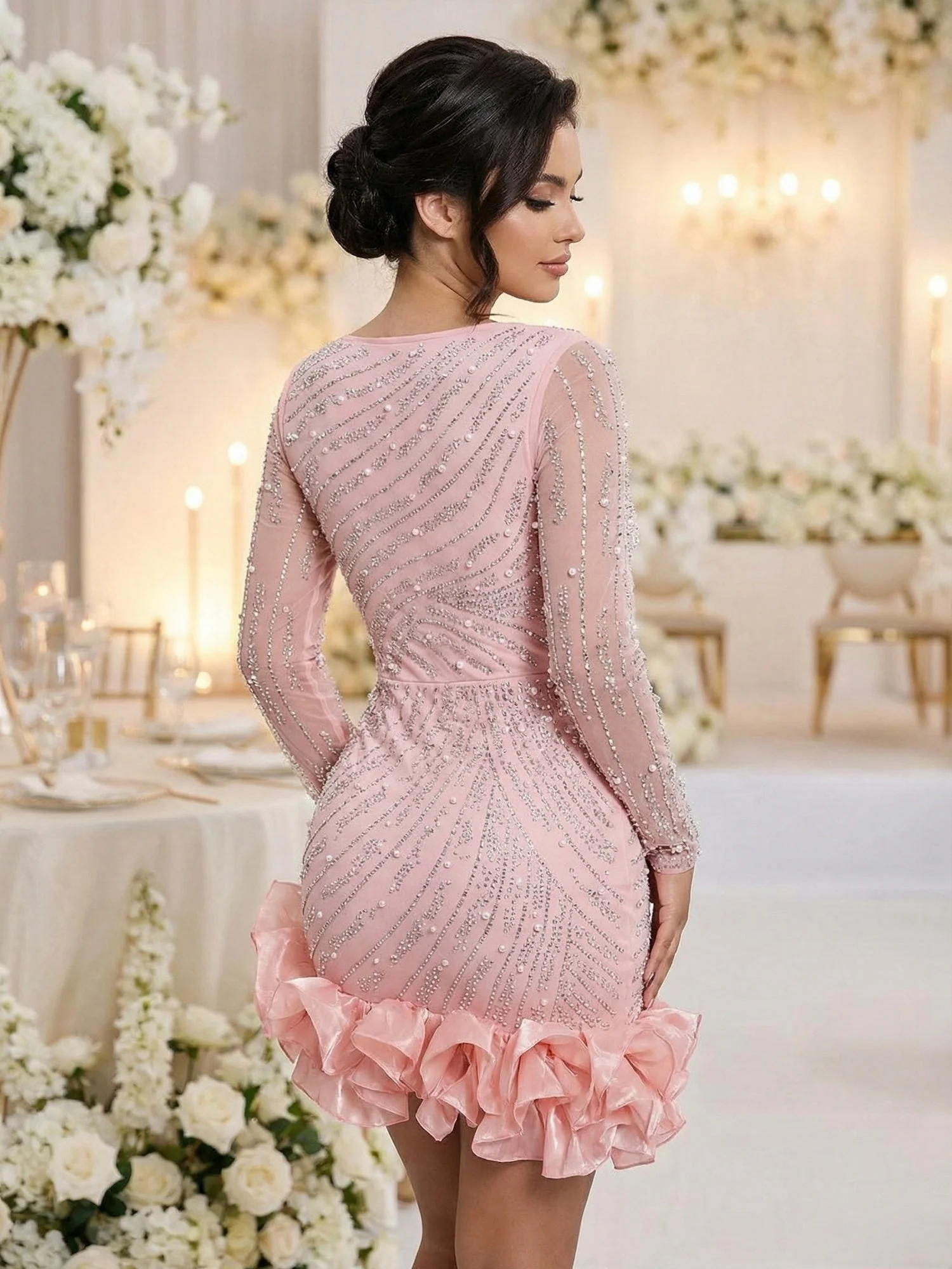 3D Flowers Hot-fix Rhinestones And Bubble Beads Evening Gown Sheer Long-sleeved Square Neck Mini&Short Dresses - Image 3