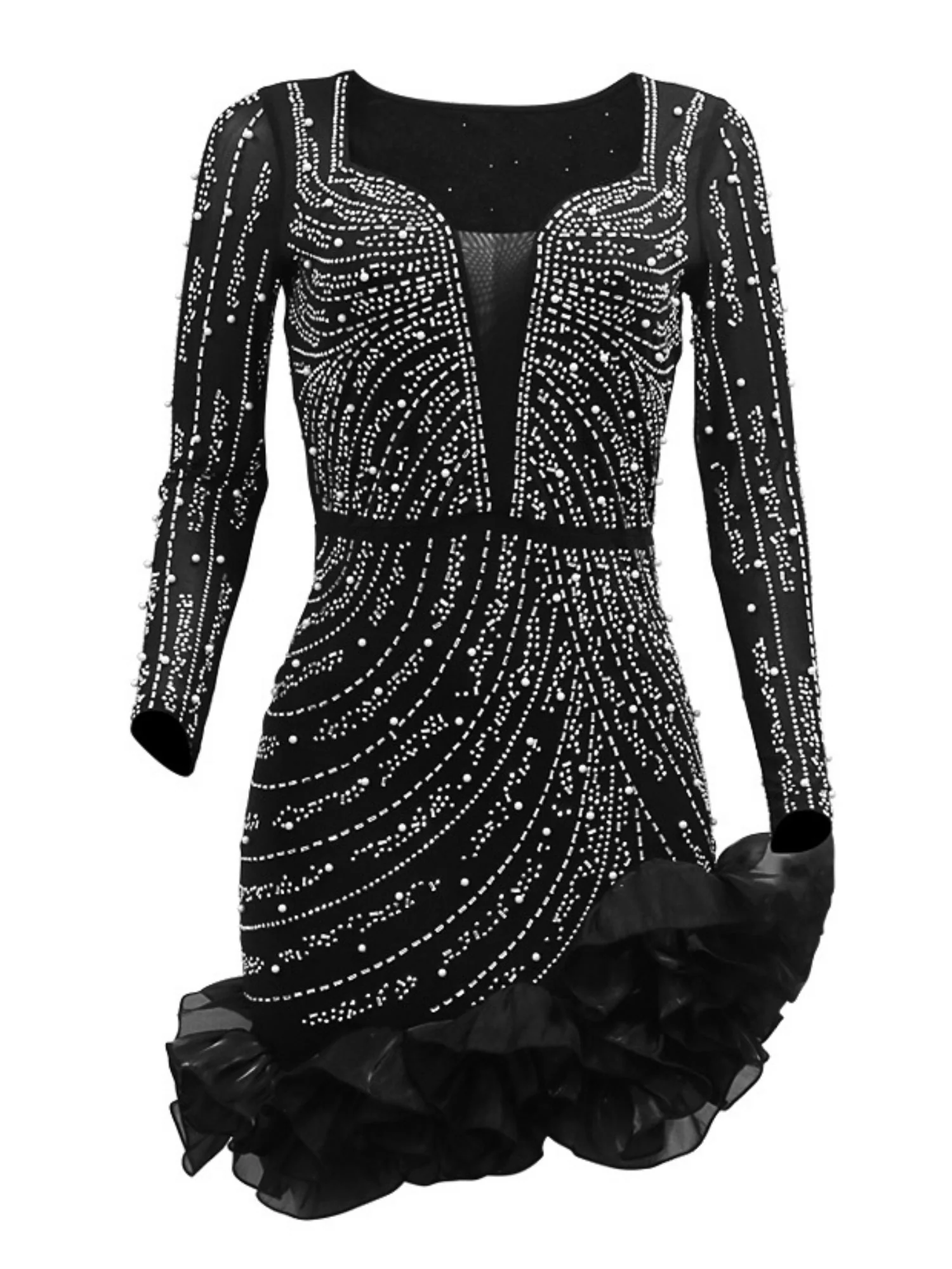 3D Flowers Hot-fix Rhinestones And Bubble Beads Evening Gown Sheer Long-sleeved Square Neck Mini&Short Dresses - Image 6