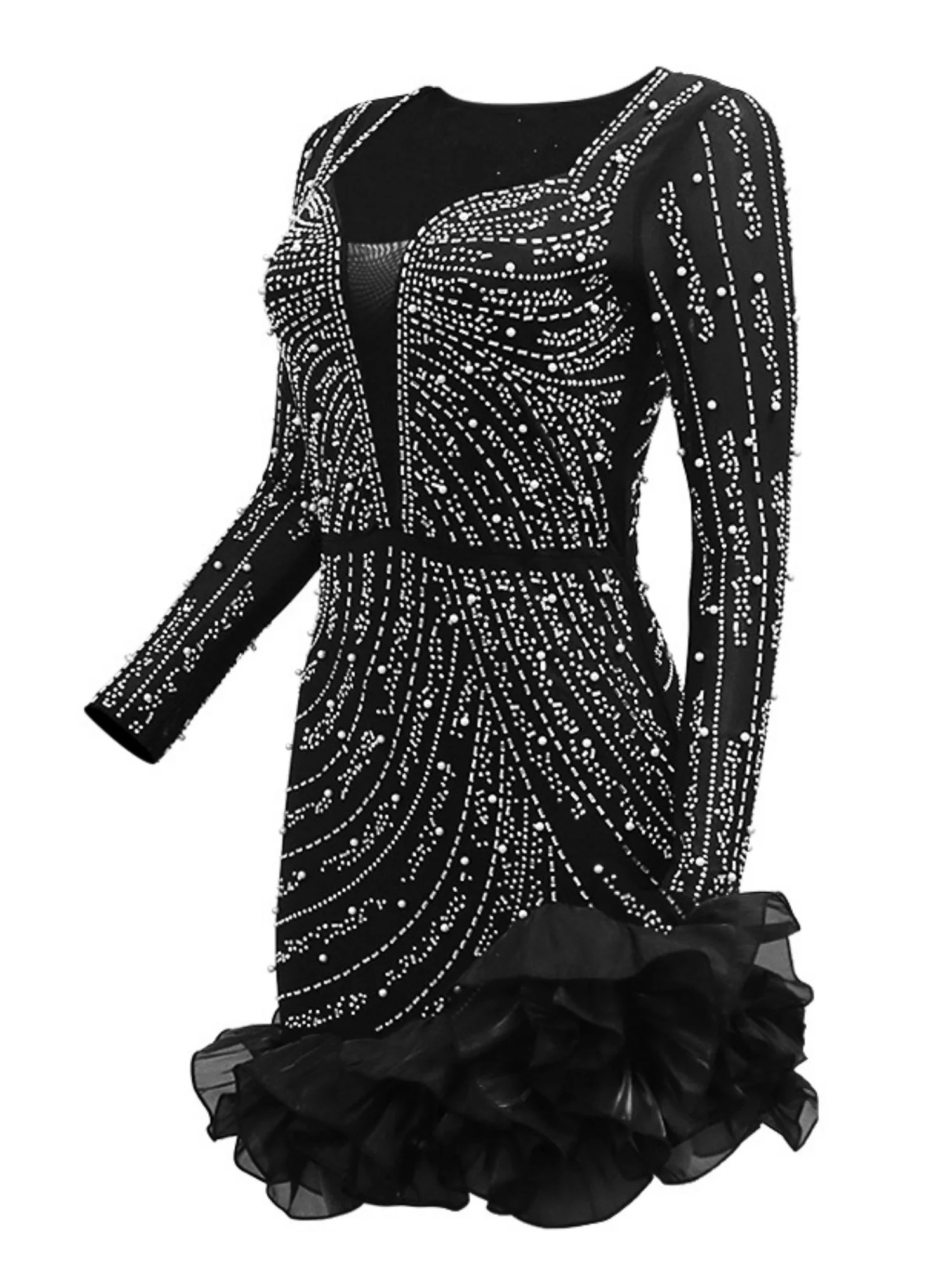 3D Flowers Hot-fix Rhinestones And Bubble Beads Evening Gown Sheer Long-sleeved Square Neck Mini&Short Dresses - Image 7