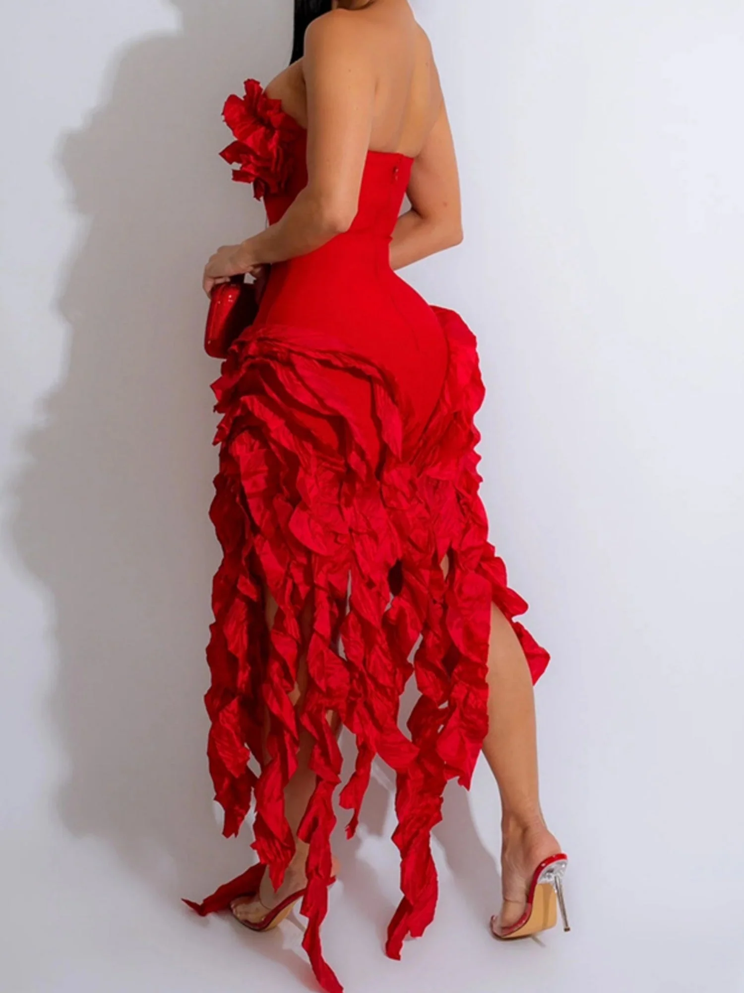 3D Flowers Valentine's Day Strapless Pleated Midi Dresses - Image 5