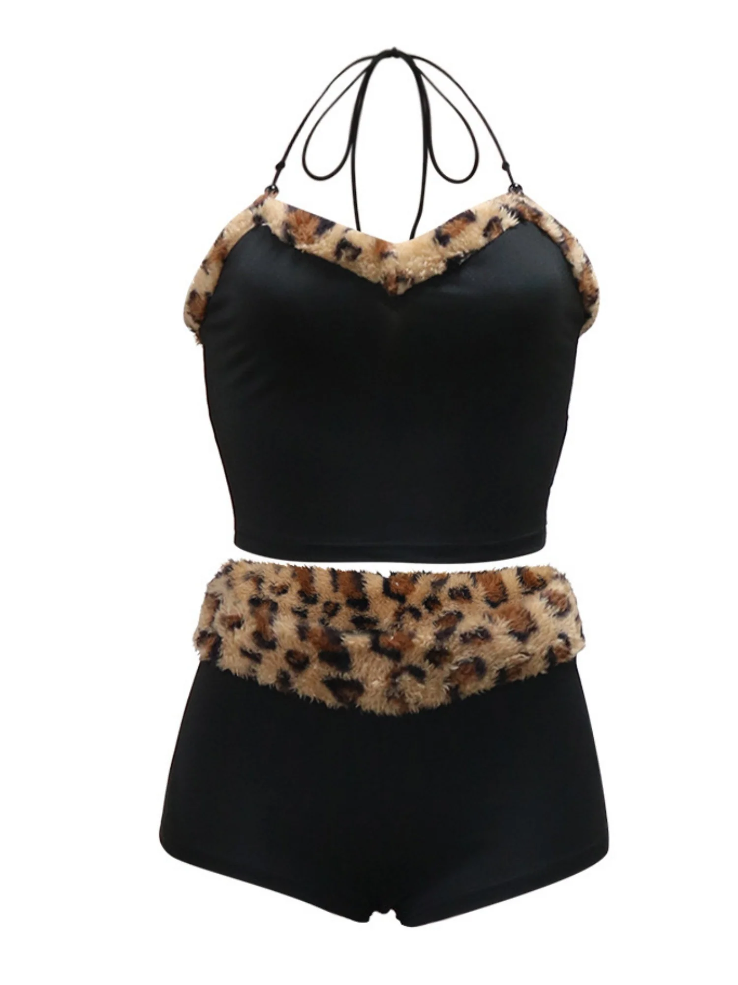 Leopard Print Patchwork Plush Halter Vest Shorts 2-piece Sets - Image 4