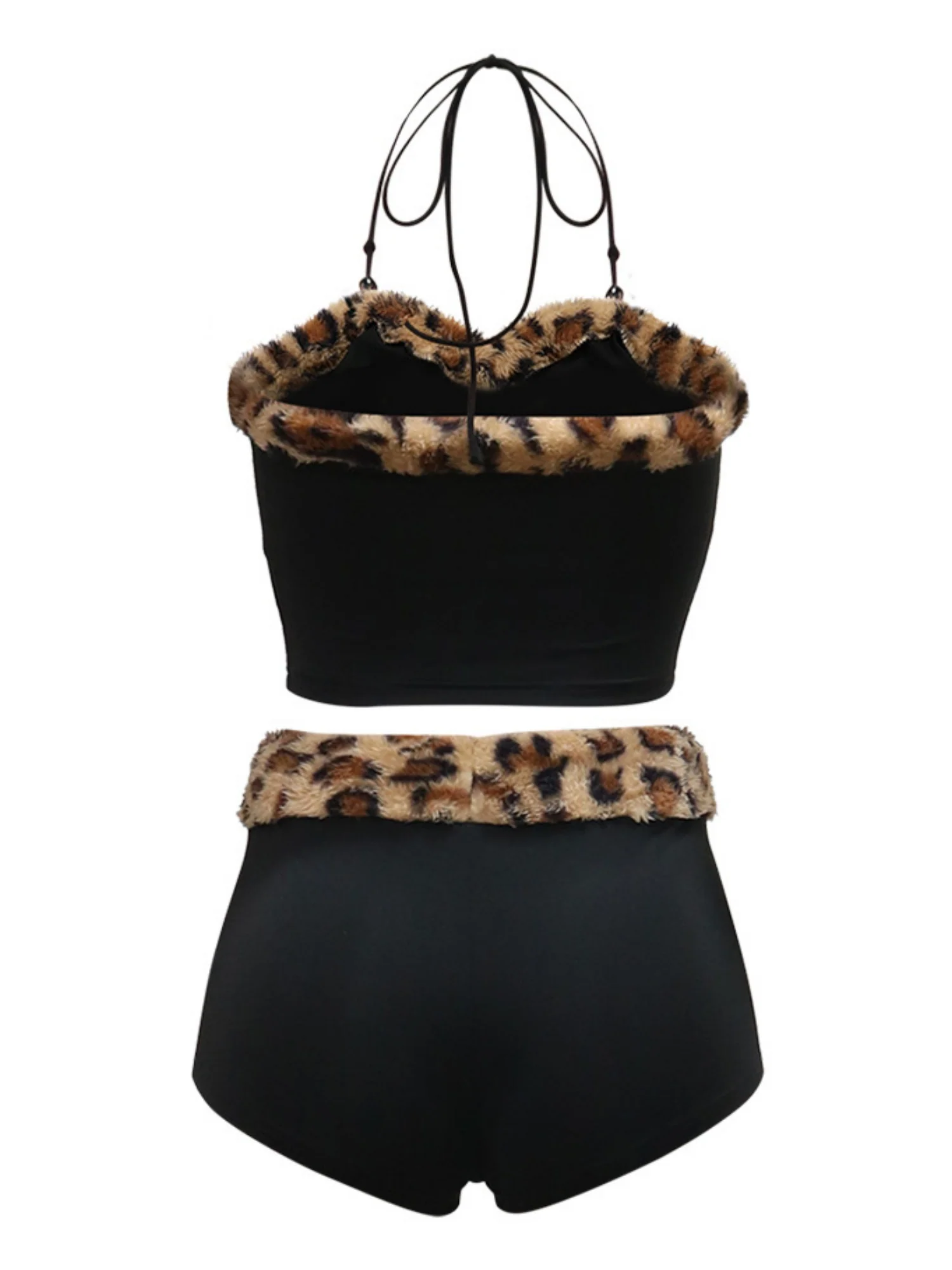 Leopard Print Patchwork Plush Halter Vest Shorts 2-piece Sets - Image 5