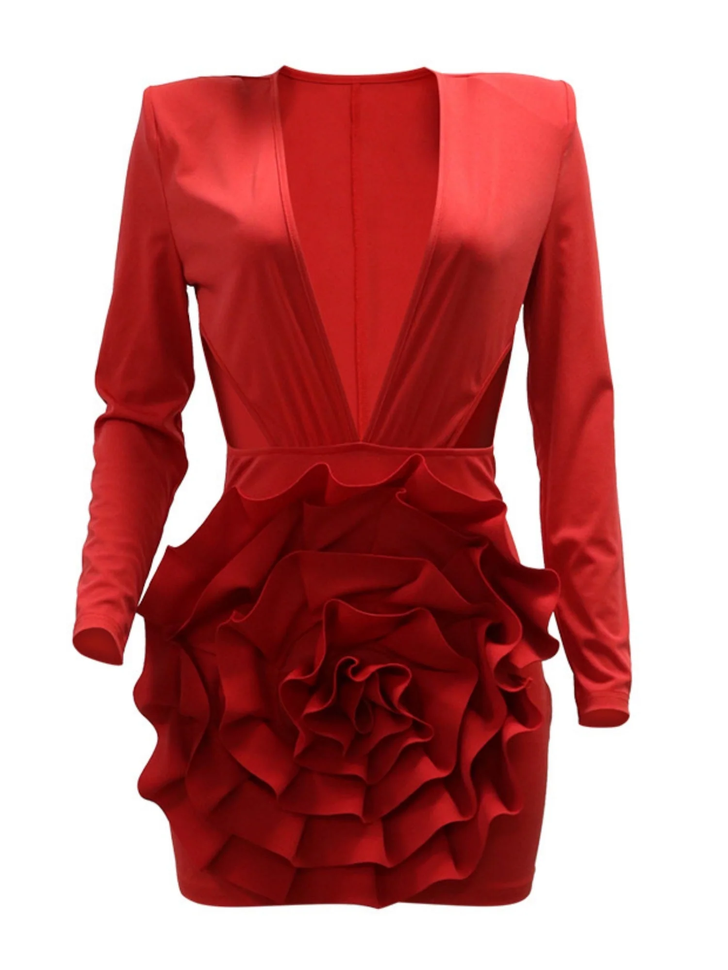 3D Flowers Valentine's Day Deep V Long Sleeve Pleated Mini&Short Dresses - Image 4