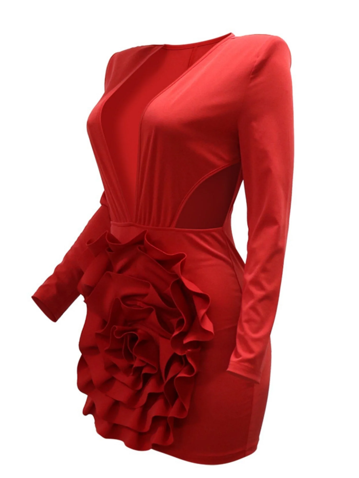 3D Flowers Valentine's Day Deep V Long Sleeve Pleated Mini&Short Dresses - Image 6