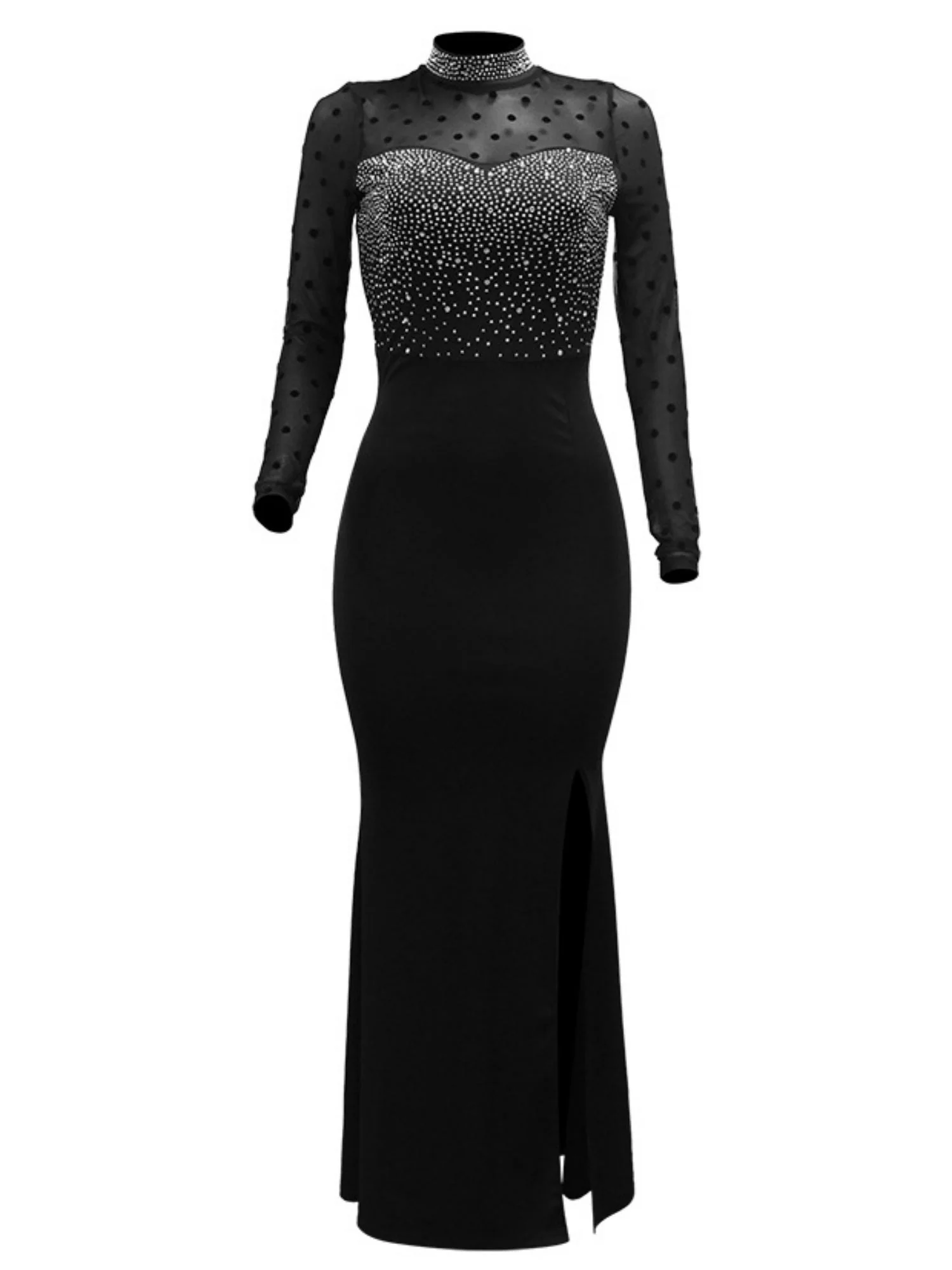 Hot-fix Rhinestone Mesh Long Sleeves Splicing Waist Shaping Slit Party Shiny Maxi Dresses - Image 3
