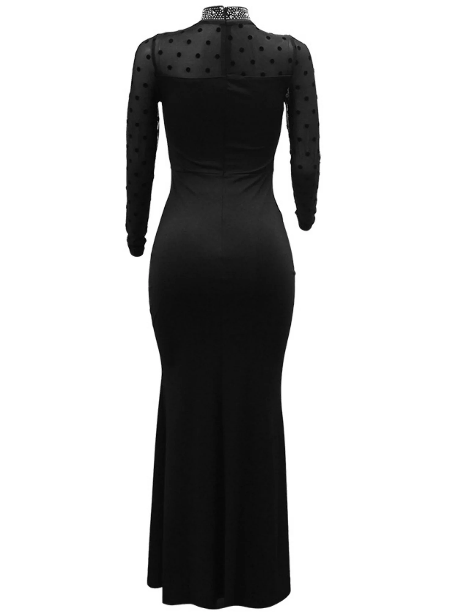 Hot-fix Rhinestone Mesh Long Sleeves Splicing Waist Shaping Slit Party Shiny Maxi Dresses - Image 4