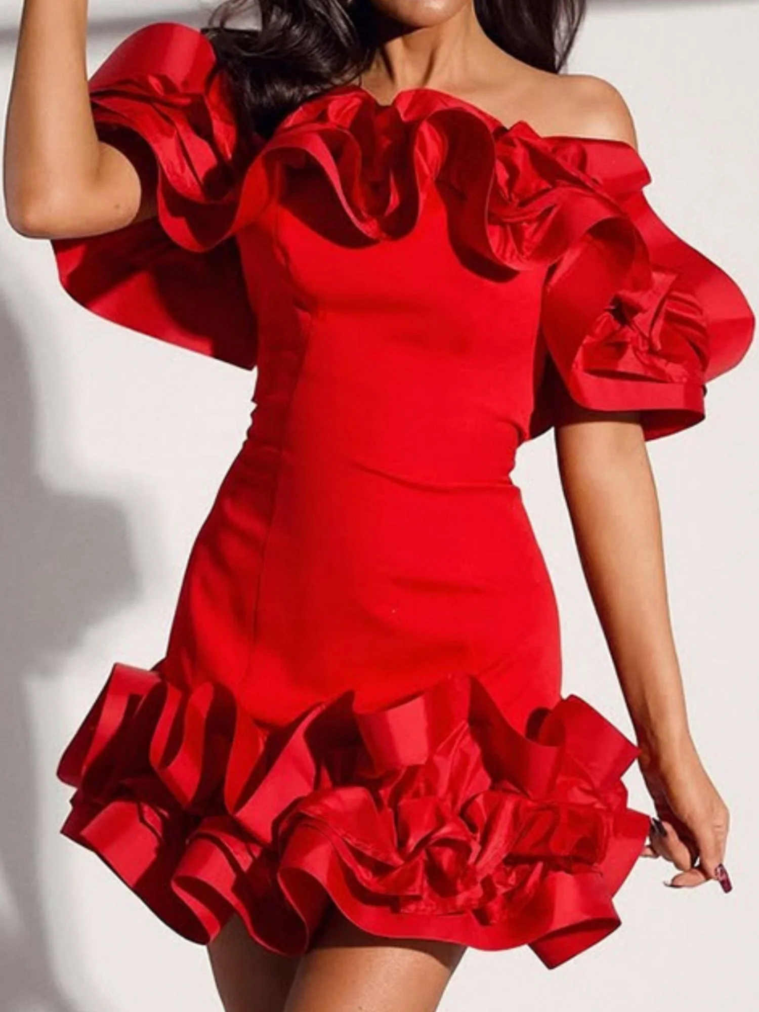3D Flowers Valentine's Day Off-shoulder Strapless Top Pleated Mini&Short Dresses - Image 4