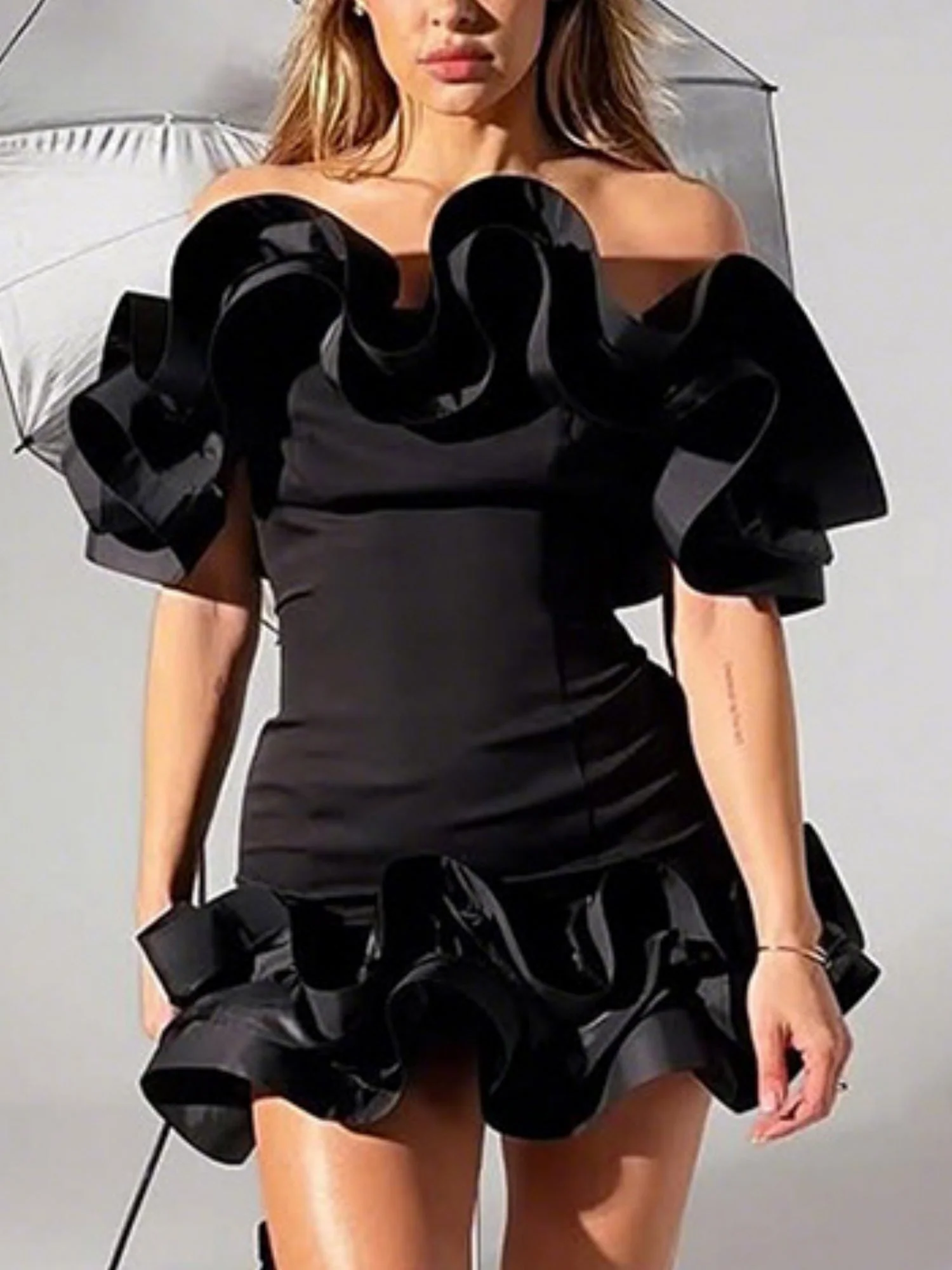 3D Flowers Valentine's Day Off-shoulder Strapless Top Pleated Mini&Short Dresses - Image 8