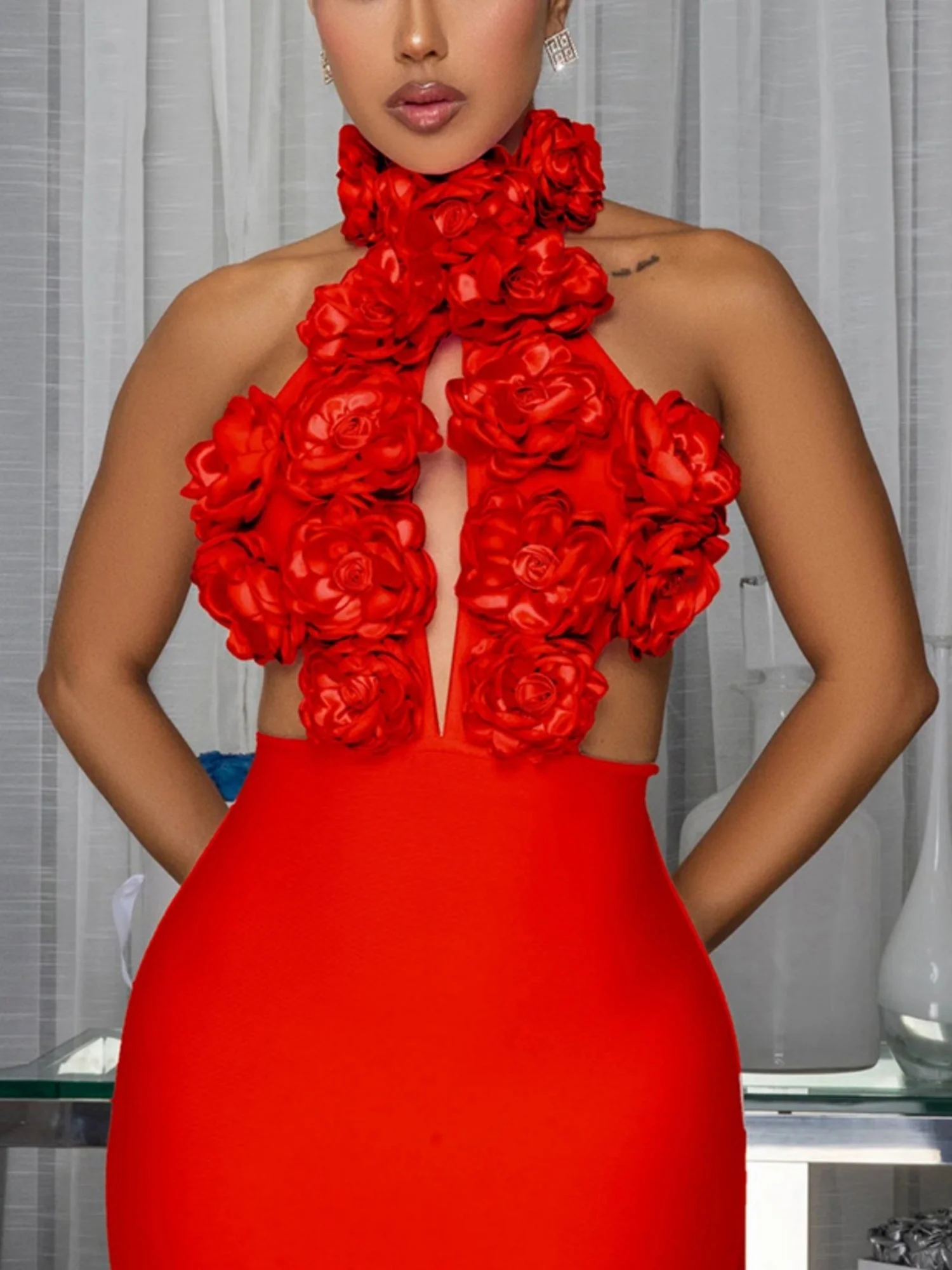 3D Flowers Valentine's Day Neckband Pleated Midi Dresses - Image 4