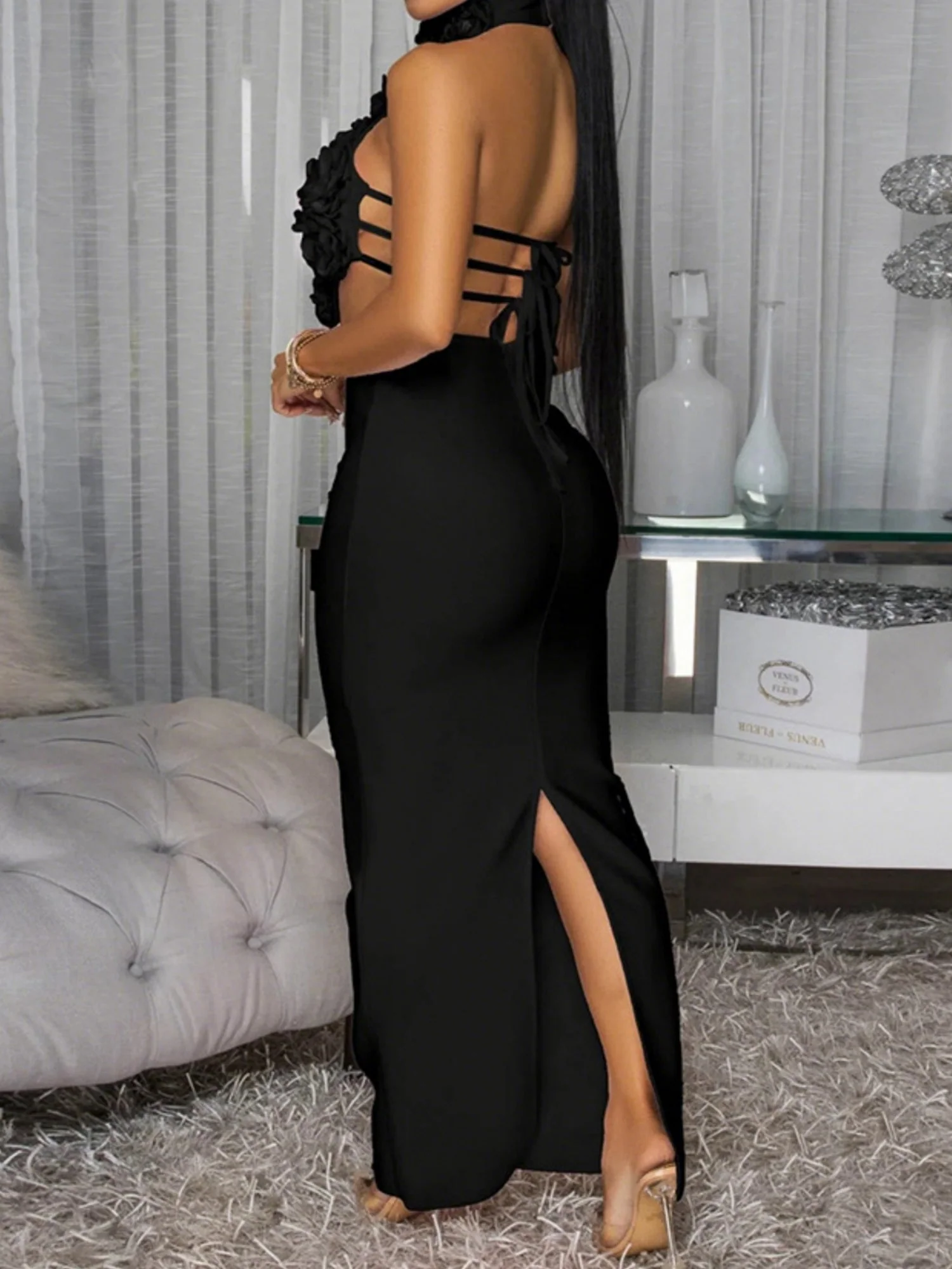 3D Flowers Valentine's Day Neckband Pleated Midi Dresses - Image 7
