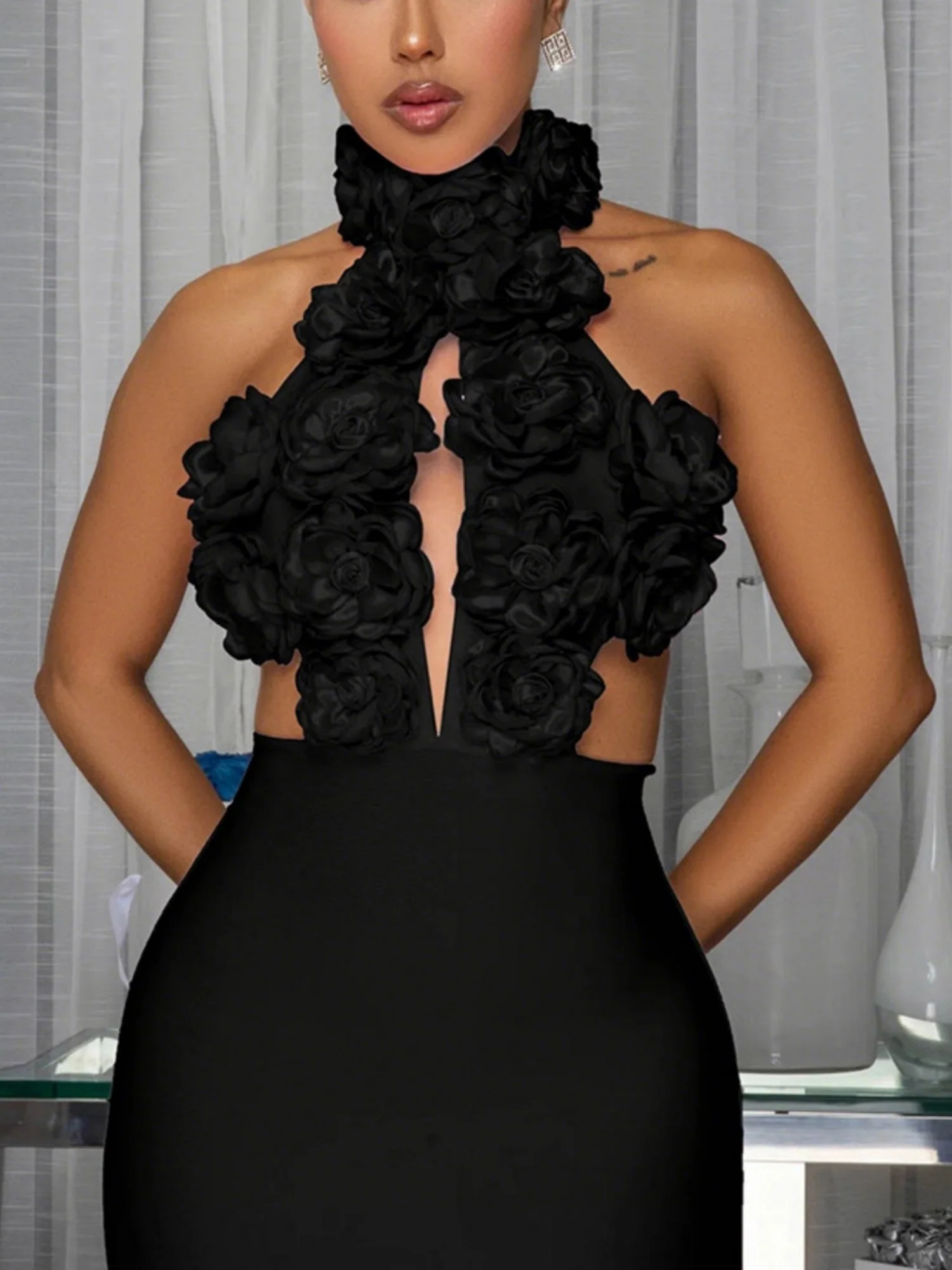 3D Flowers Valentine's Day Neckband Pleated Midi Dresses - Image 8