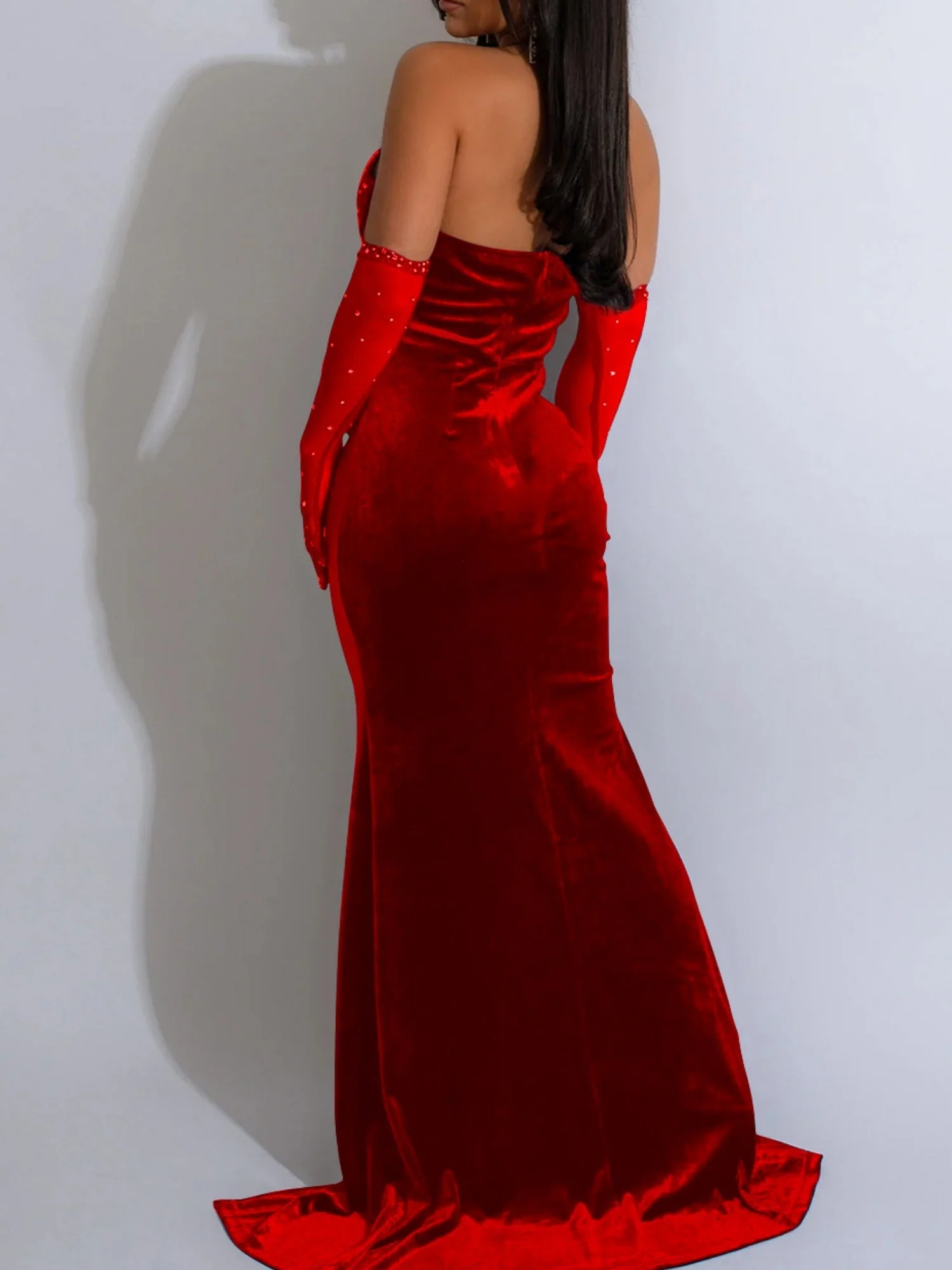 Lace And Velvet Patchwork Rhinestone-studded Evening Gown Mesh See-through Halter Neck Slit Maxi Dresses - Image 2
