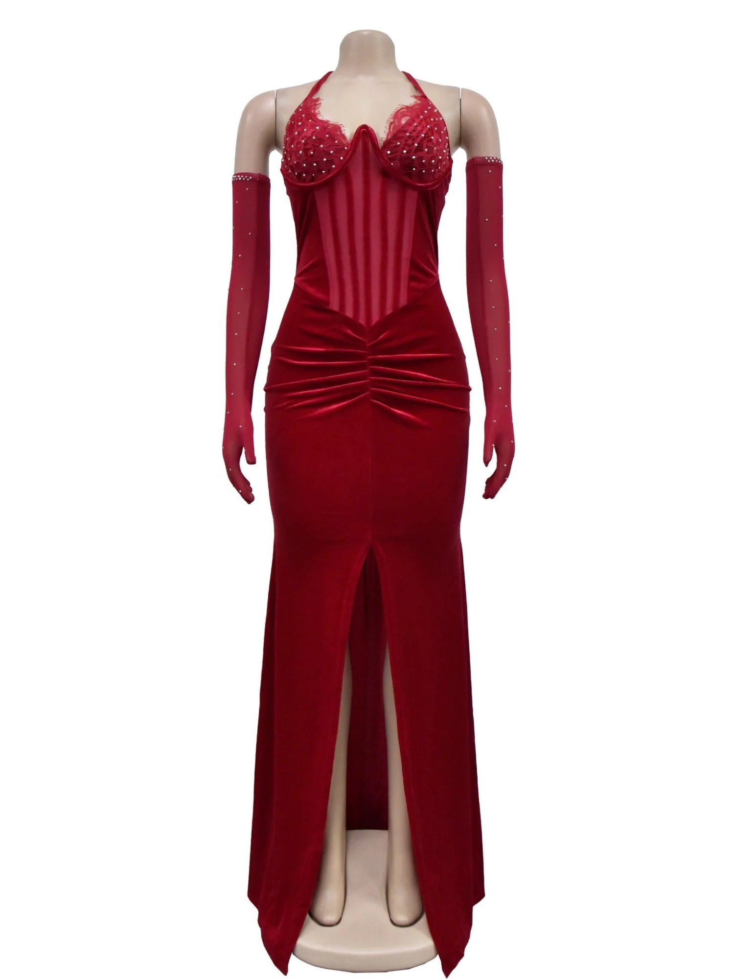 Lace And Velvet Patchwork Rhinestone-studded Evening Gown Mesh See-through Halter Neck Slit Maxi Dresses - Image 3