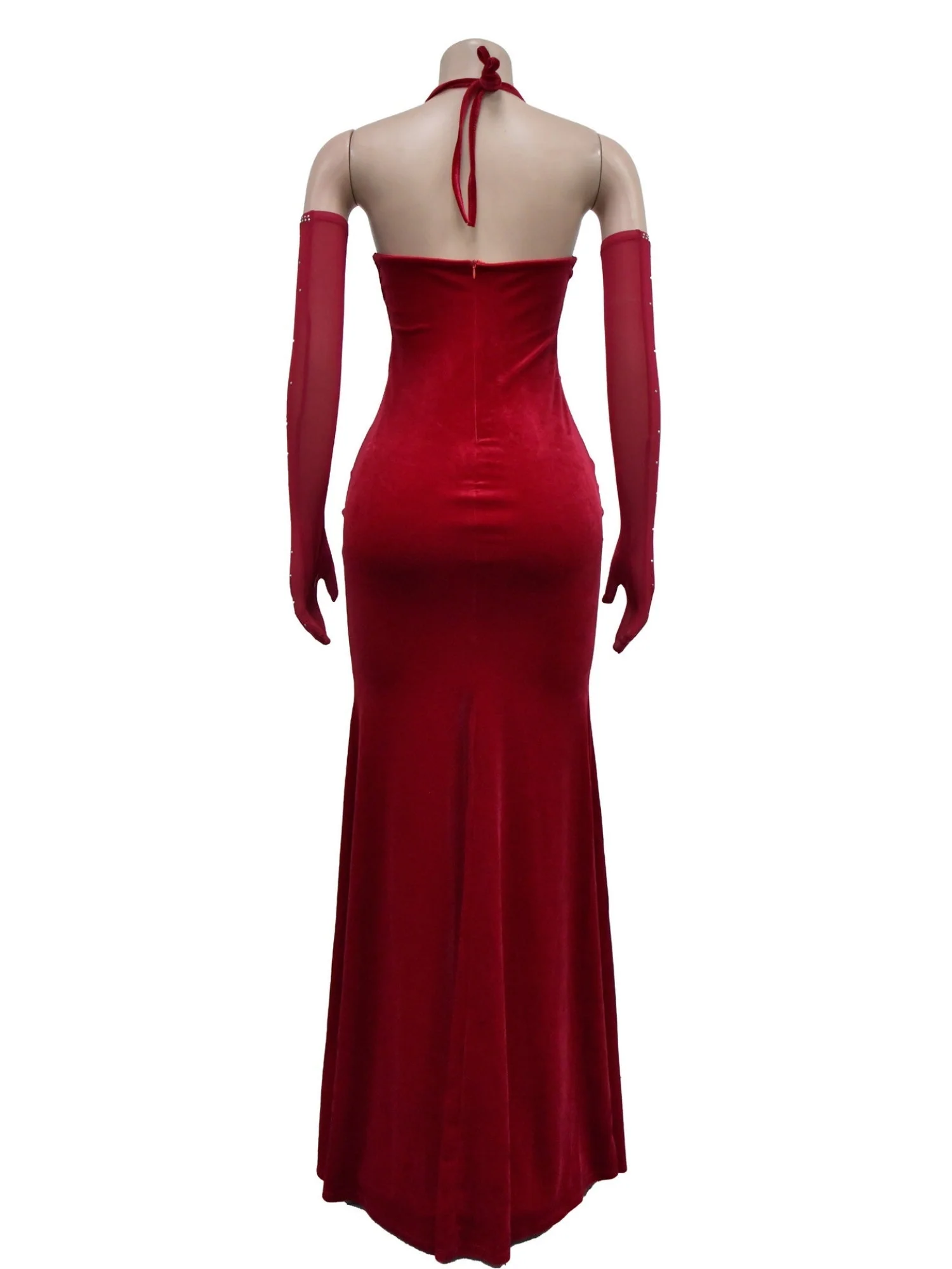 Lace And Velvet Patchwork Rhinestone-studded Evening Gown Mesh See-through Halter Neck Slit Maxi Dresses - Image 4