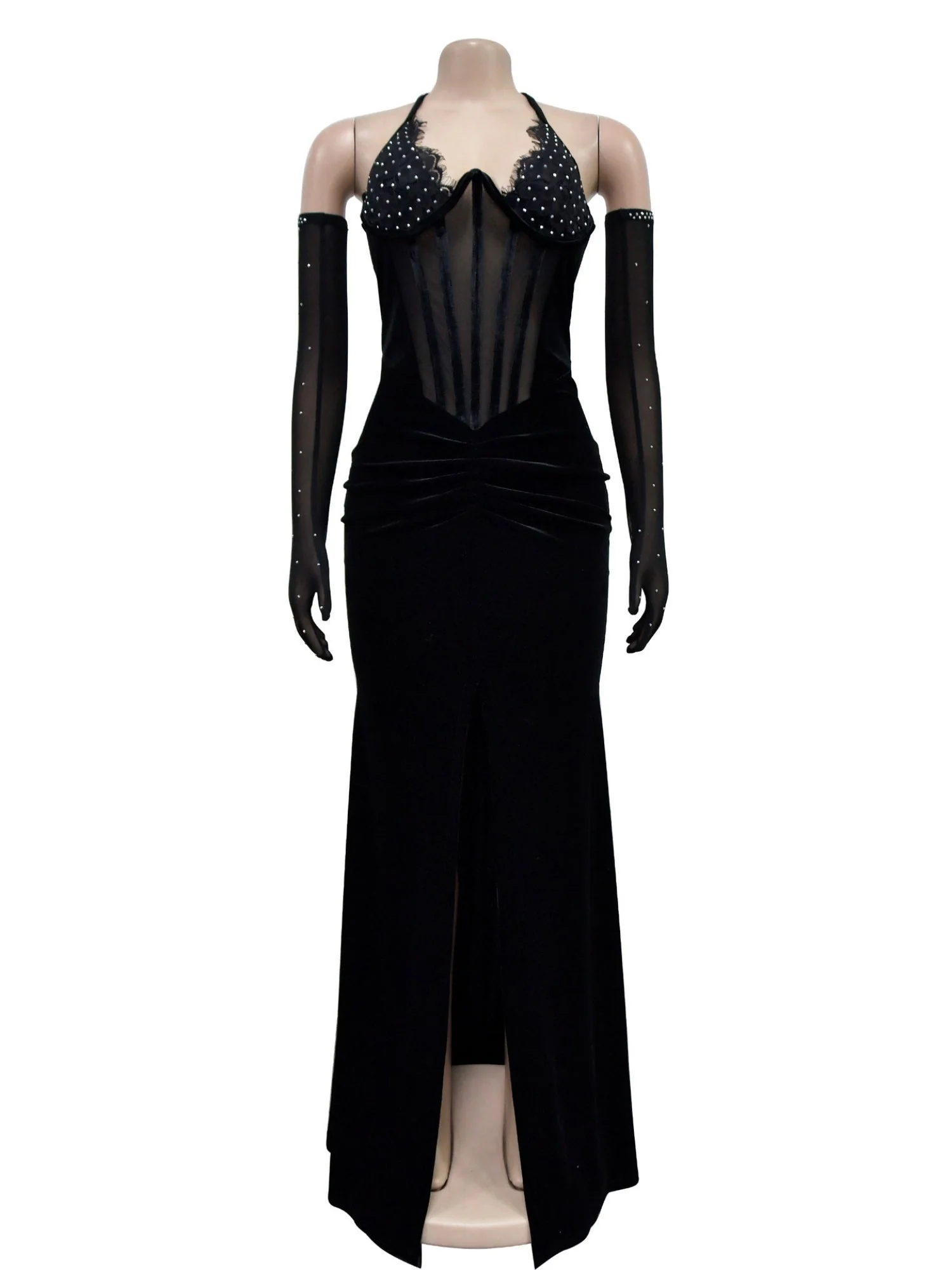 Lace And Velvet Patchwork Rhinestone-studded Evening Gown Mesh See-through Halter Neck Slit Maxi Dresses - Image 6